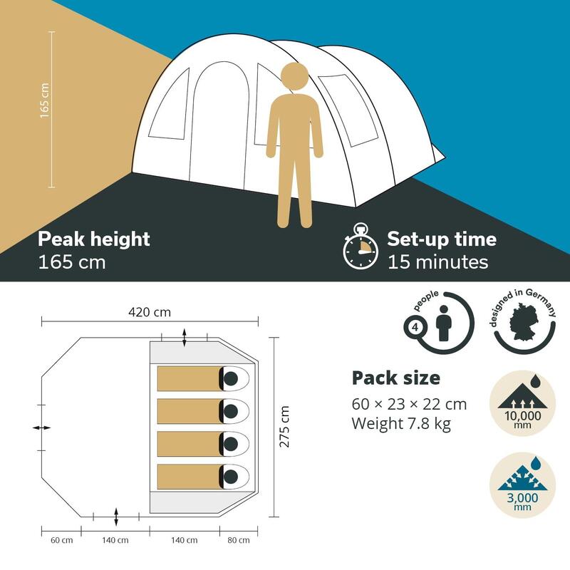 Tente tunnel Kambo 4 - Tente Camping 4 personnes - 1 cabine sombre - 3 entrées