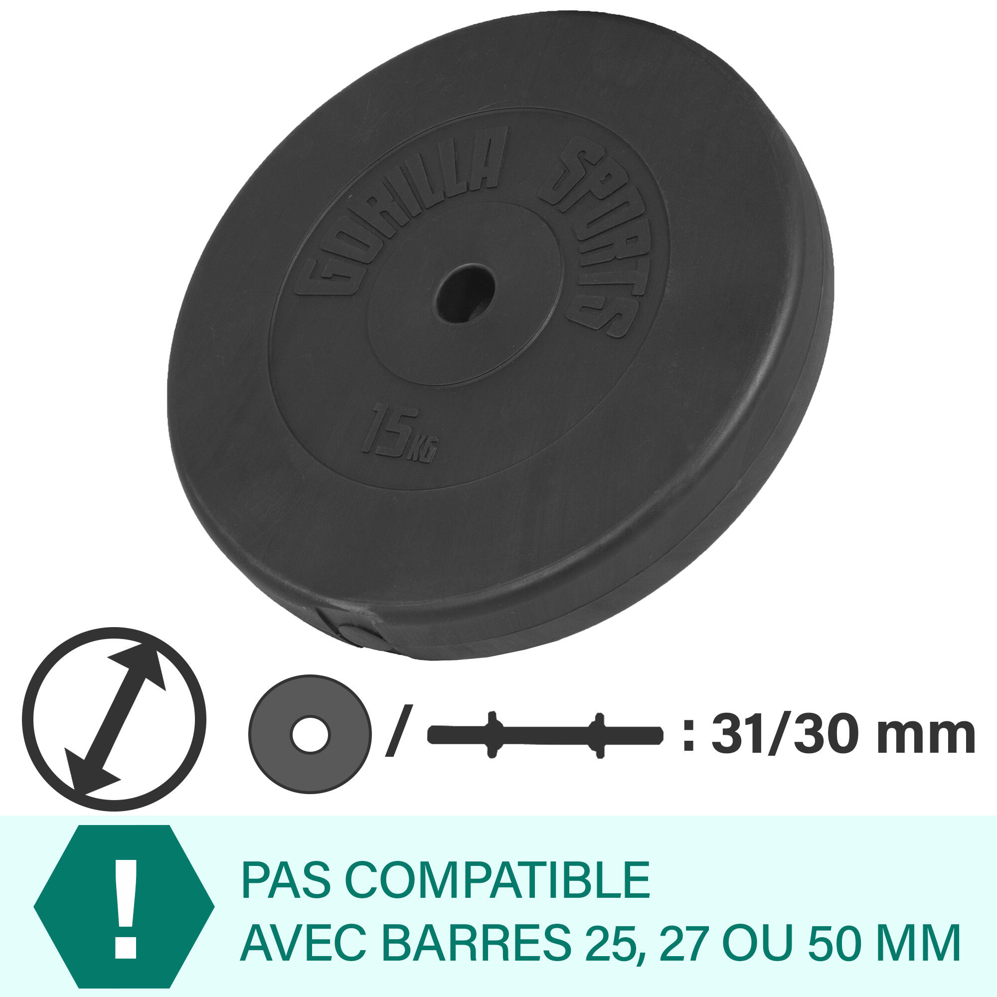 Disque musculation Gorilla Sports 15 kg plastique noir, alésage 28 mm 2/7