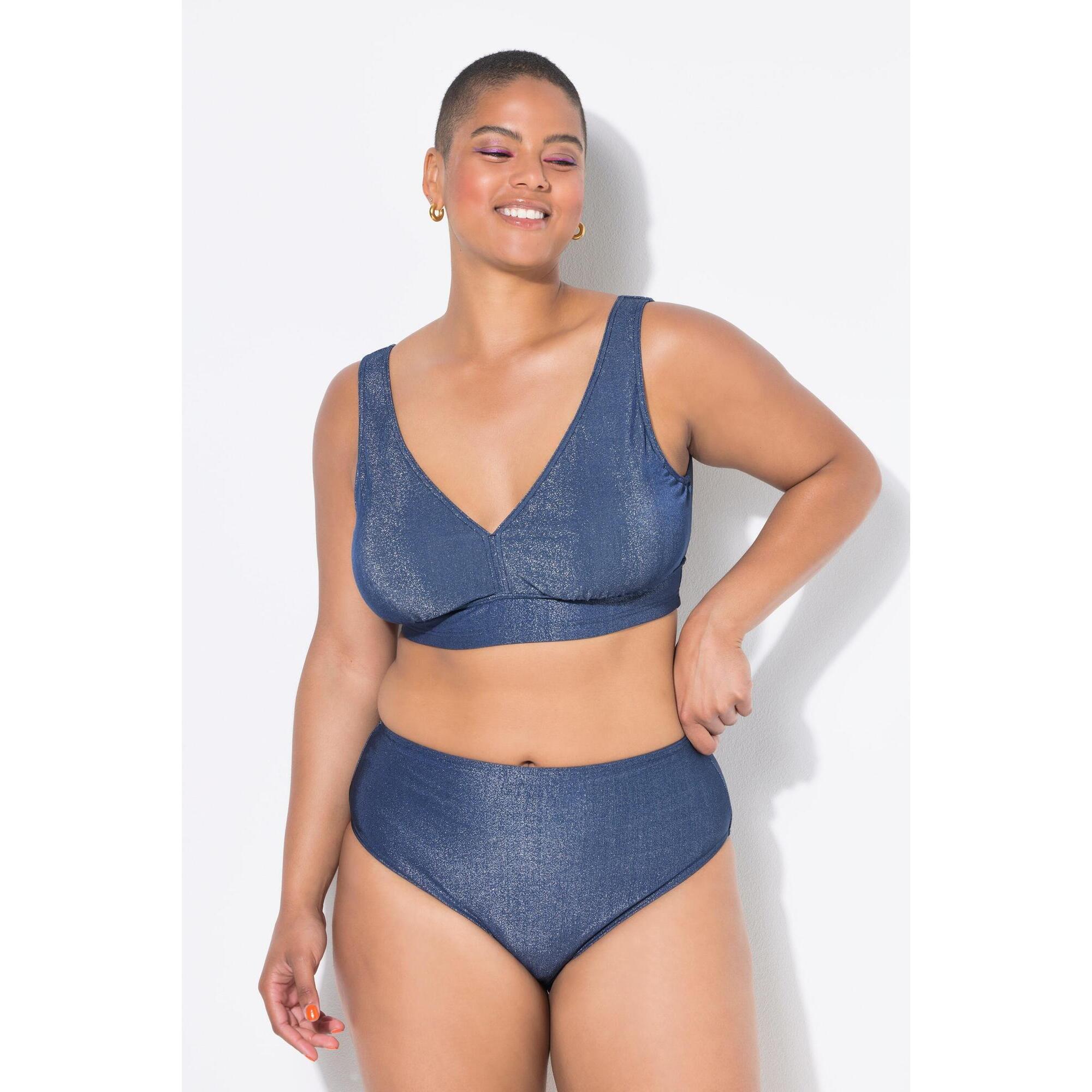 Ulla Popken - Femme Bas De Bikini Taille Haute Effet Pailleté - Bas De Maillot De Bain (bikini) - Bleu - Taille Unique - Decathlon