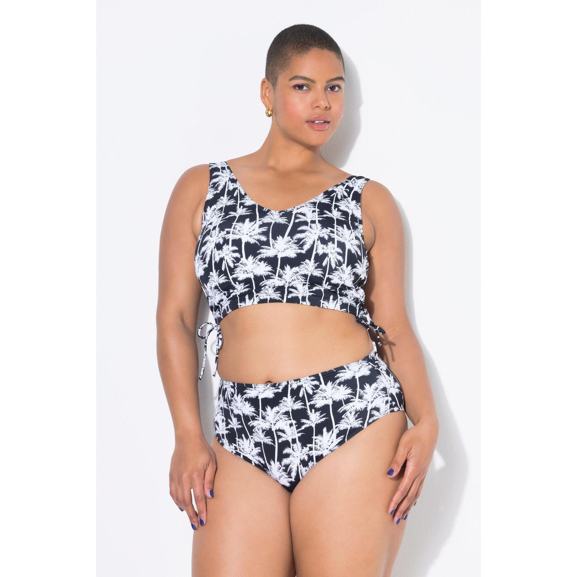 Ulla Popken - Femme Bas De Bikini Taille Haute Imprimé Palmiers - Bas De Maillot De Bain (bikini) - Noir - Taille Unique - Decathlon