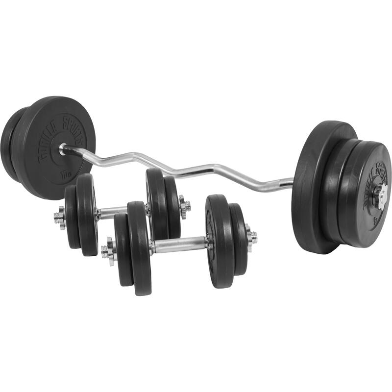 SET D'HALTÈRES DE 68KG AVEC DISQUES PLASTIQUES + BARRE CURL 120CM | MUSCULATION