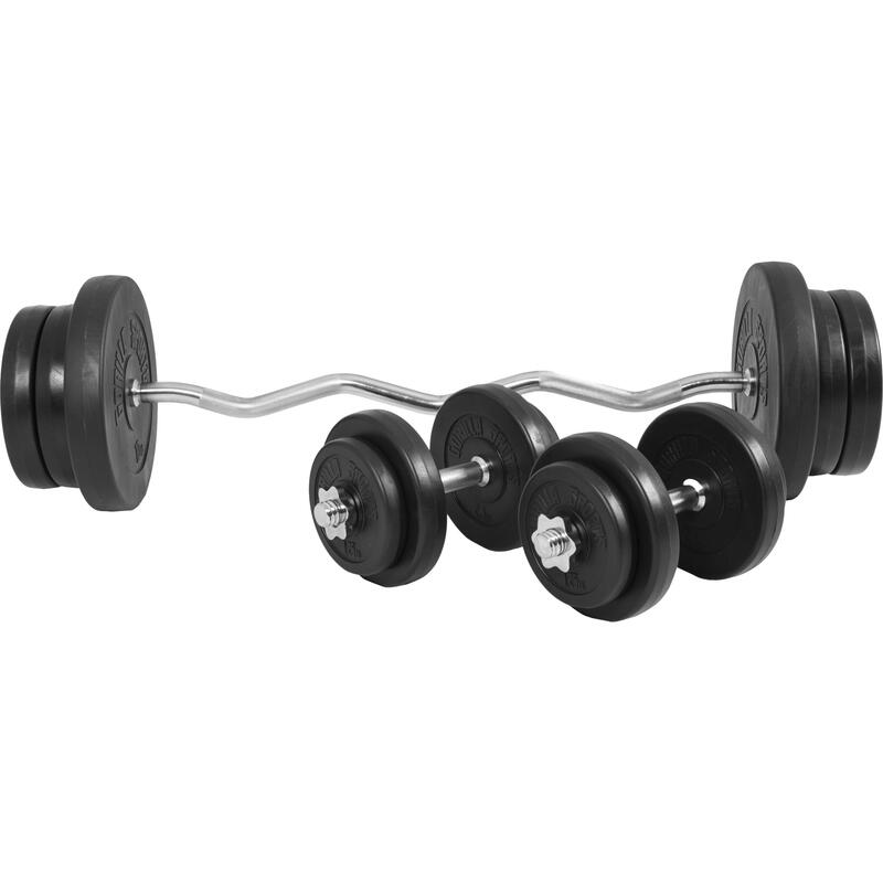 SET D'HALTÈRES DE 68KG AVEC DISQUES PLASTIQUES + BARRE CURL 120CM | MUSCULATION