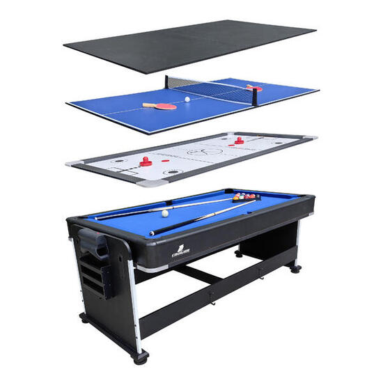 4-in-1 Multi Spieltisch Mini, Billard, Push-Hockey, Tischtennis, Schwarz/Blau
