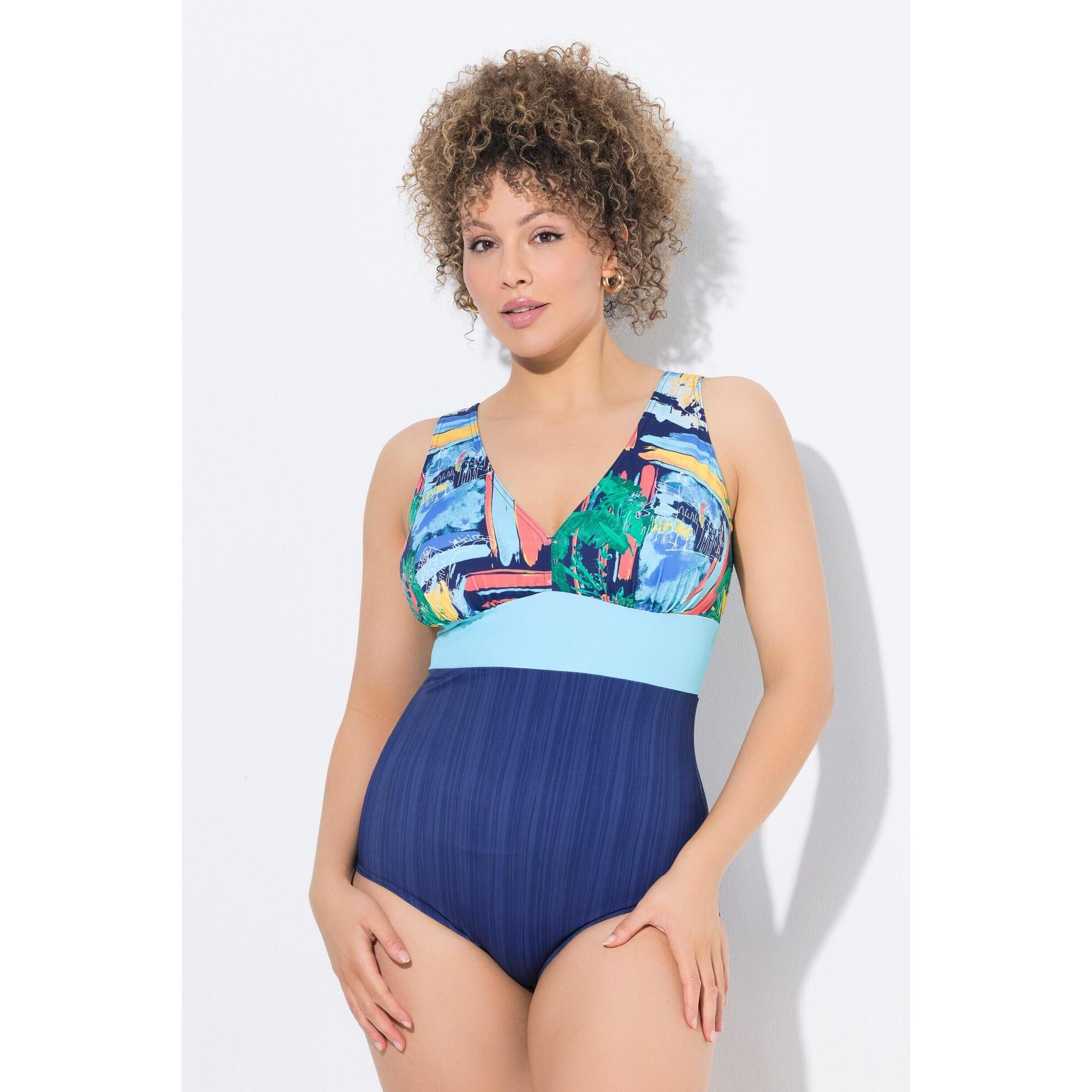 Ulla Popken - Femme Maillot De Bain À Bonnets Souples. Décolleté Rond. Matière Recyclée - Maillot De Bain 1 Pièce - Bleu - 46 L/xl - Decathlon