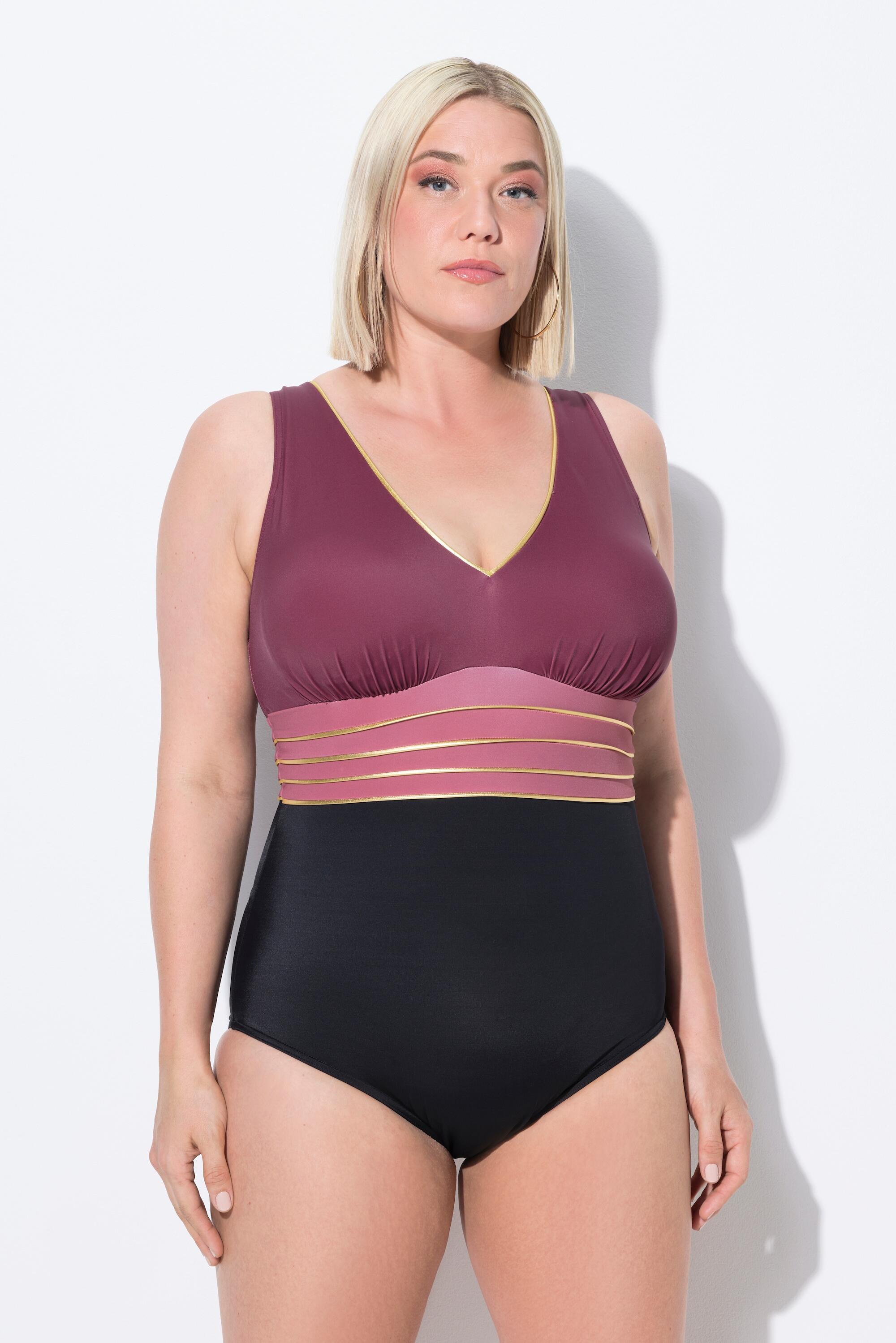 ULLA POPKEN Costume intero donna con coppe morbide, scollatura a V e piping dorato