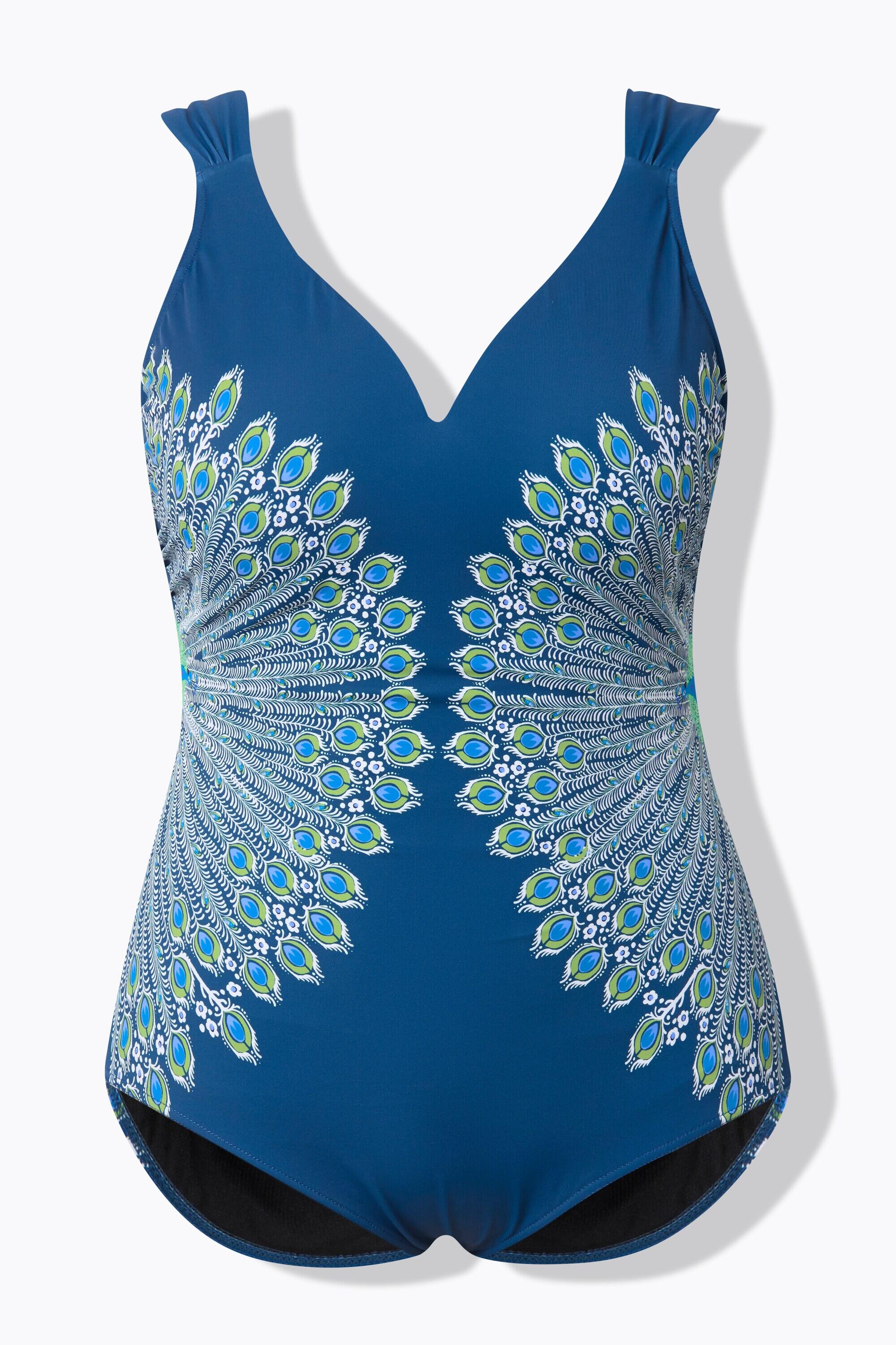 Femme Maillot de bain avec bonnets souples. Motif paons. Décolleté 7/7