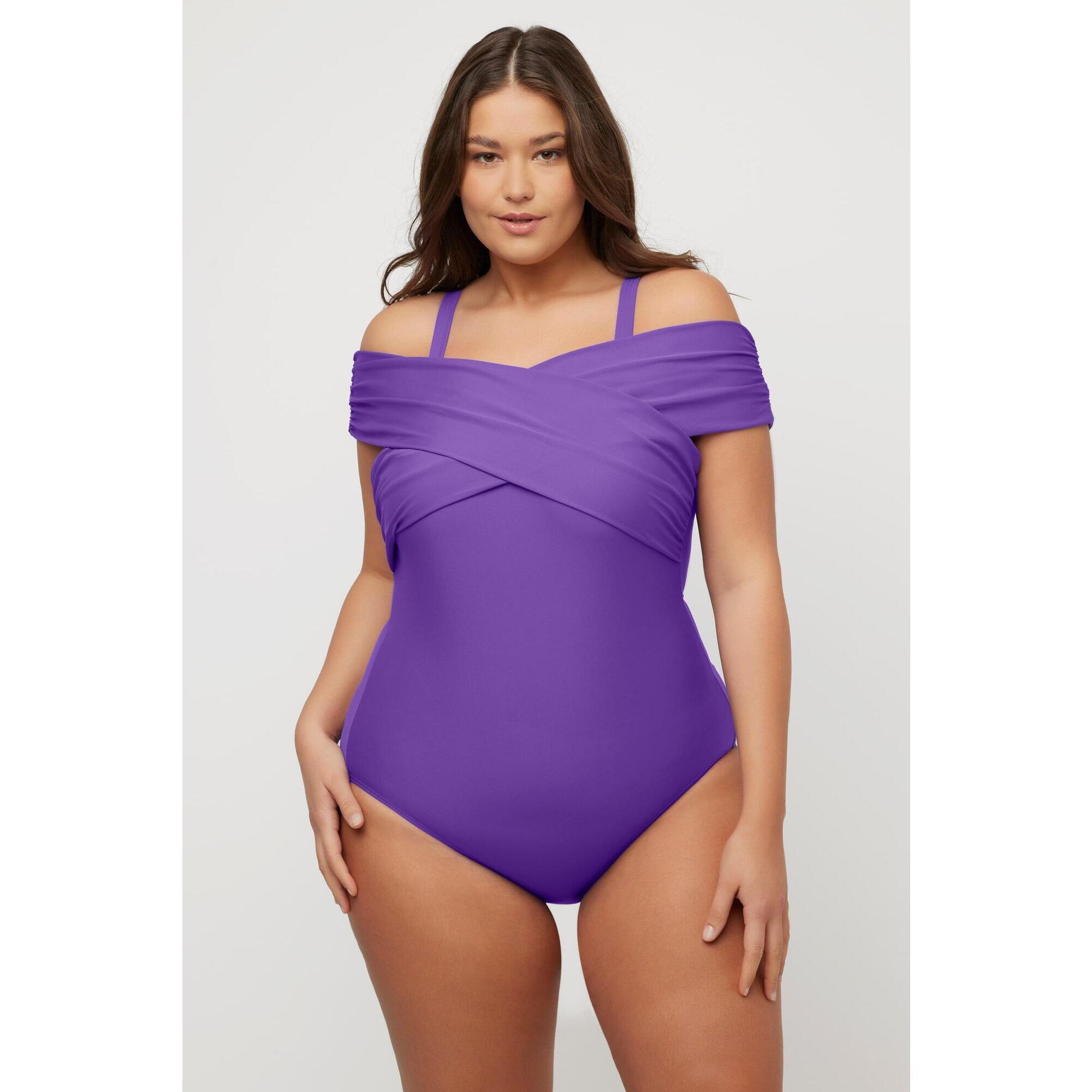Ulla Popken - Femme Maillot De Bain À Bonnets Souples. Décolleté Carmen Avec - Maillot De Bain 1 Pièce - Violet - Decathlon