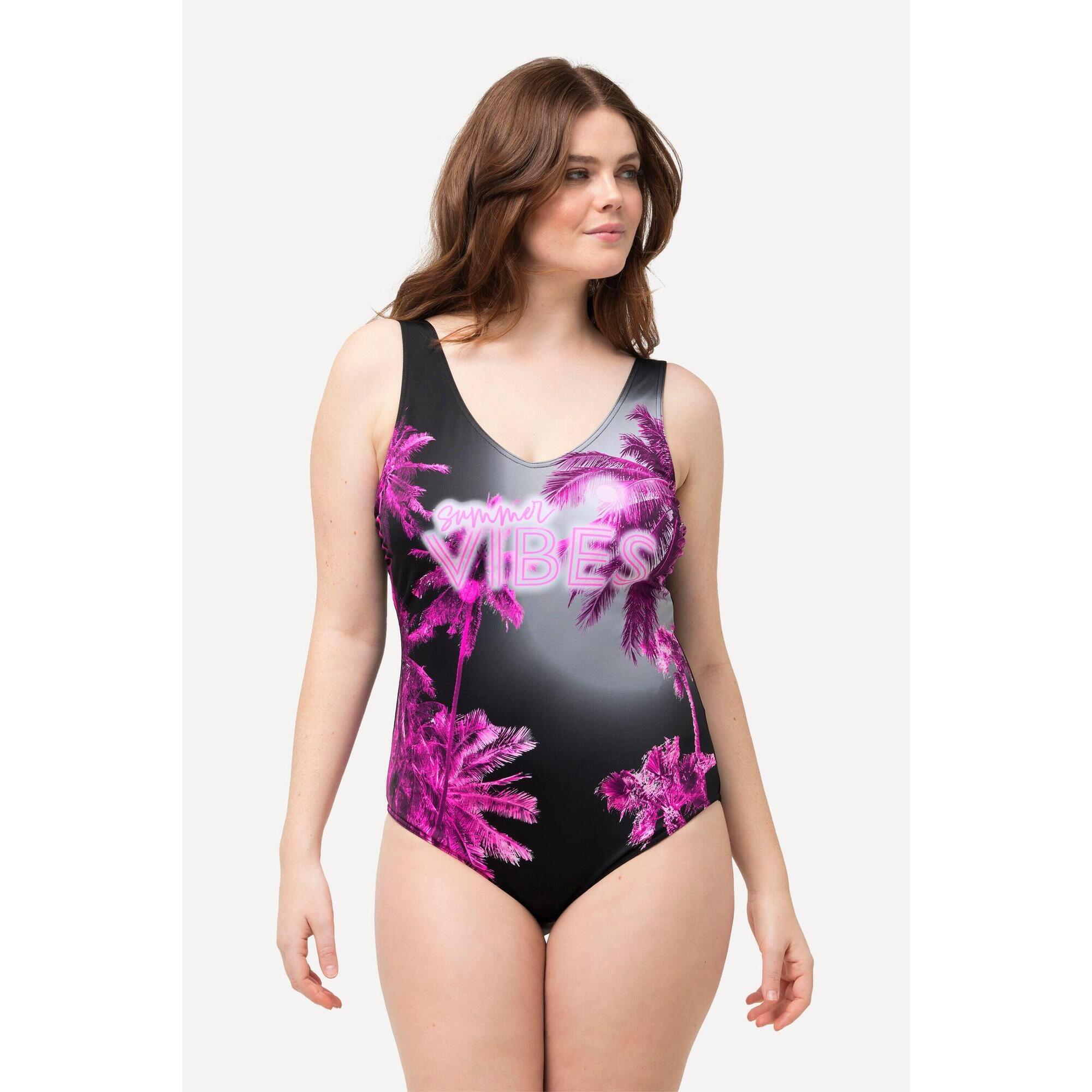 Ulla Popken - Femme Maillot De Bain Imprimé Summer Vibes Sans Bonnets Souples Fronces - Maillot De Bain 1 Pièce - Noir - 48 Xl - Decathlon