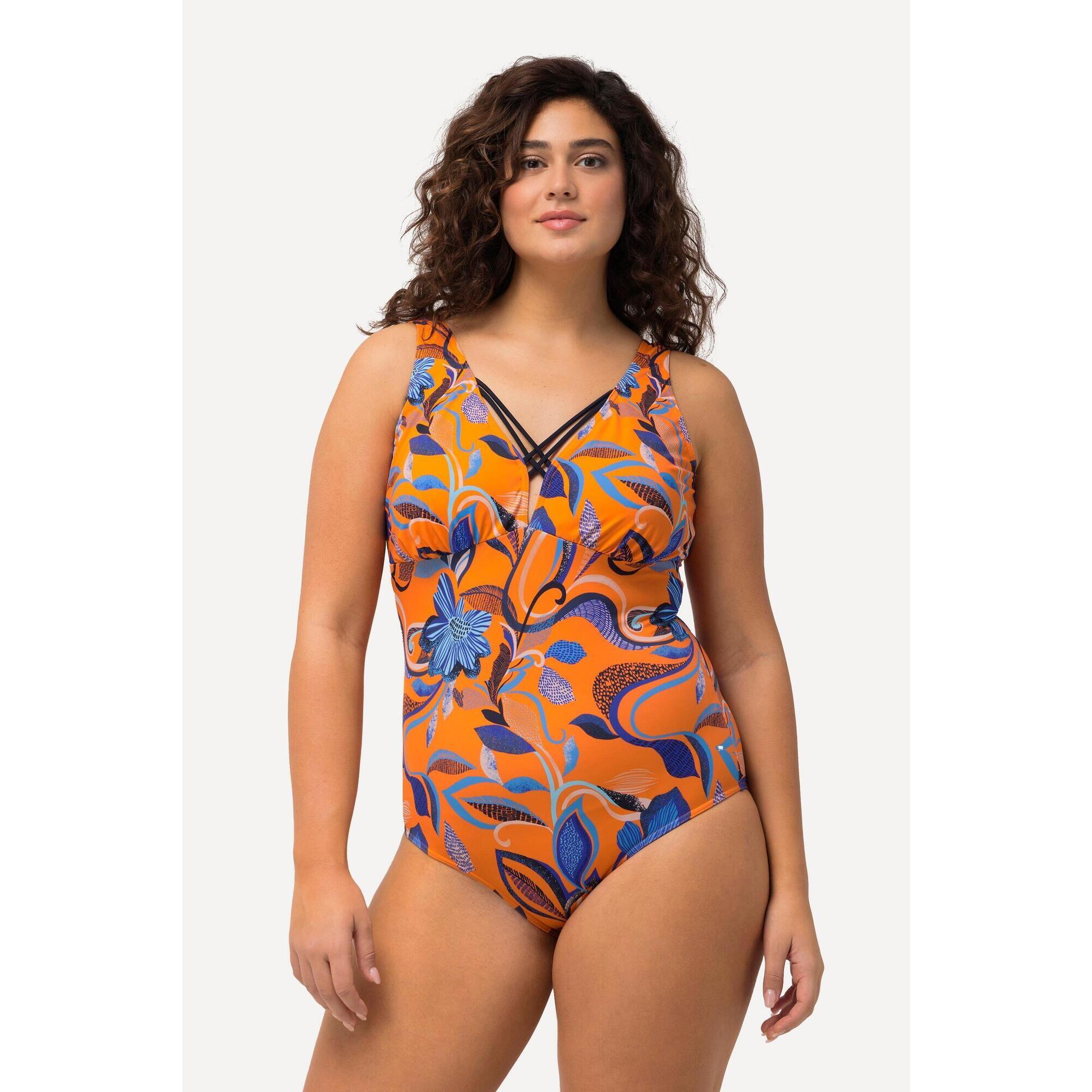 Ulla Popken - Femme Maillot De Bain À Fleurs Rubans Fantaisie Et Bonnets Souples - Maillot De Bain 1 Pièce - Orange - Decathlon