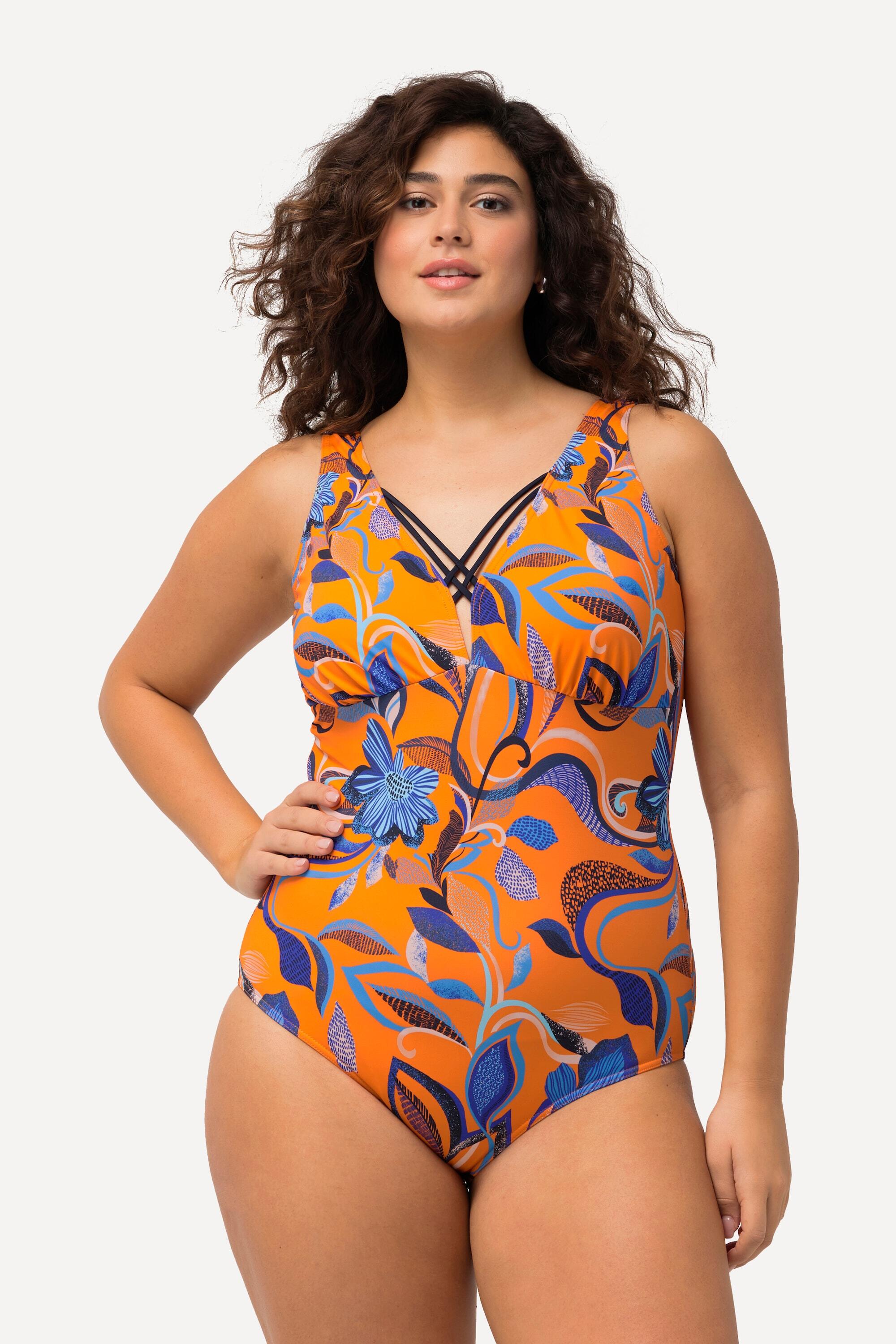Damen Badeanzug Blüten Zierbänder Softcups 4/6