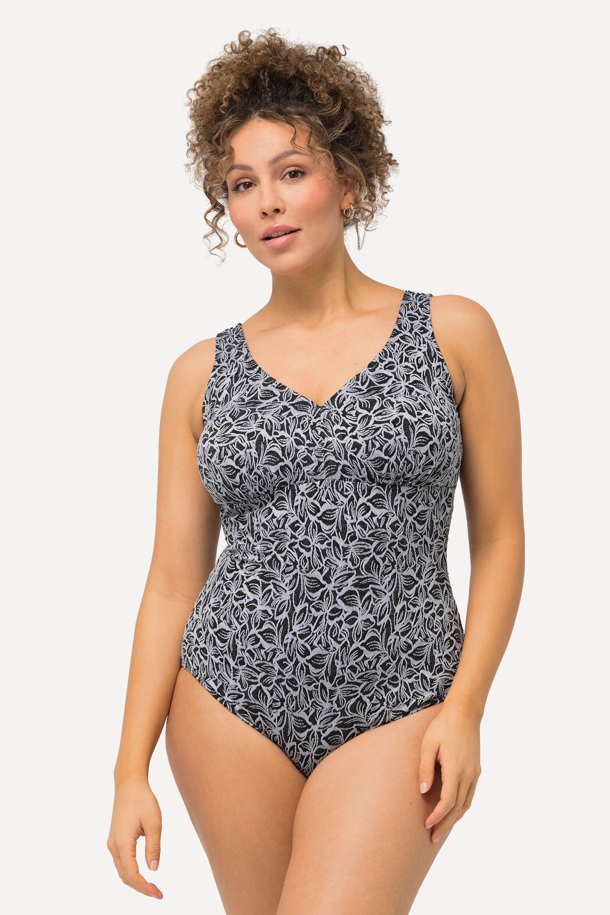 ULLA POPKEN Costume intero donna nero stampa foglie, coppe morbide