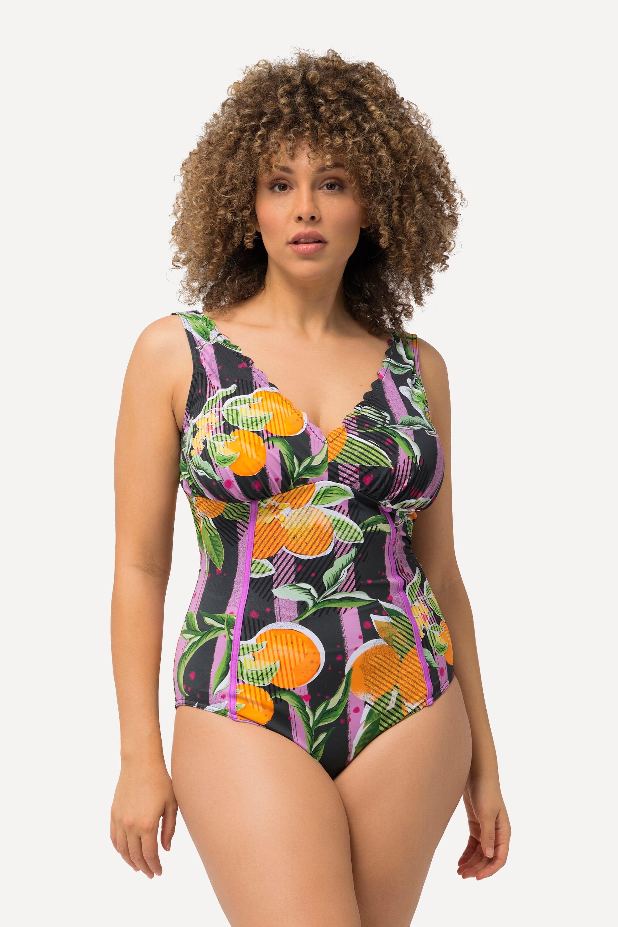 ULLA POPKEN Women's Swimsuit ROSA 46/L-XL Orange Print with Neon Piping