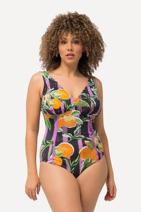 Femme Maillot de bain avec bonnets souples imprimé oranges et passepoils fluo