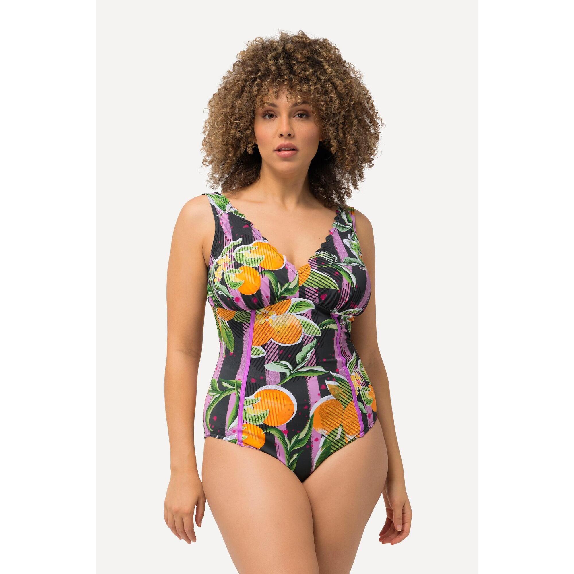 Ulla Popken - Femme Maillot De Bain Avec Bonnets Souples Imprimé Oranges Et Passepoils Fluo - Maillot De Bain 1 Pièce - Rose - 42 M/l - Decathlon