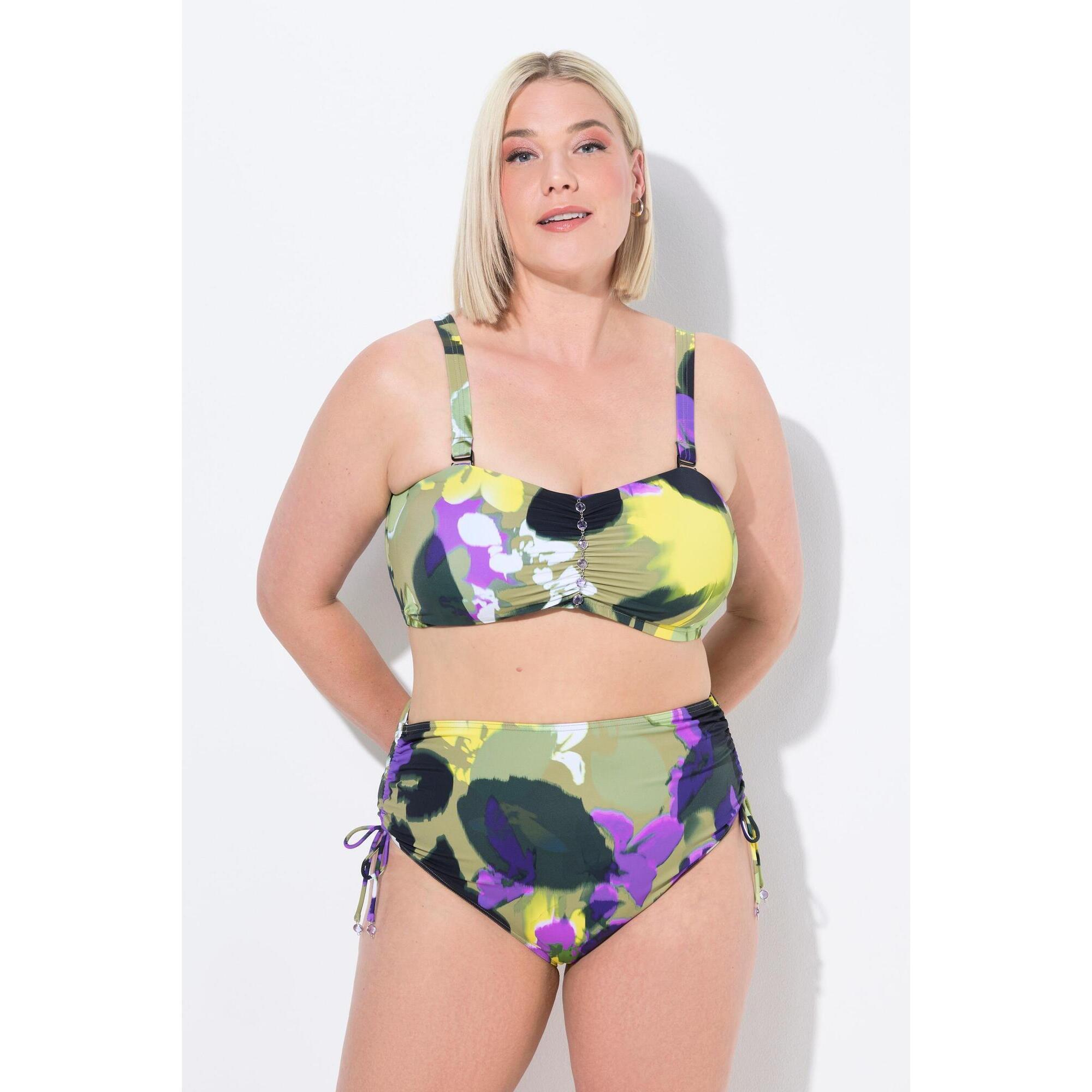 Ulla Popken - Femme Bikini À Fleurs. Bretelles Réglables Et Fronces. Culotte Taille Haute - Maillot De Bain 2 Pièces (bikini) - Vert - 46 L/xl - Decathlon