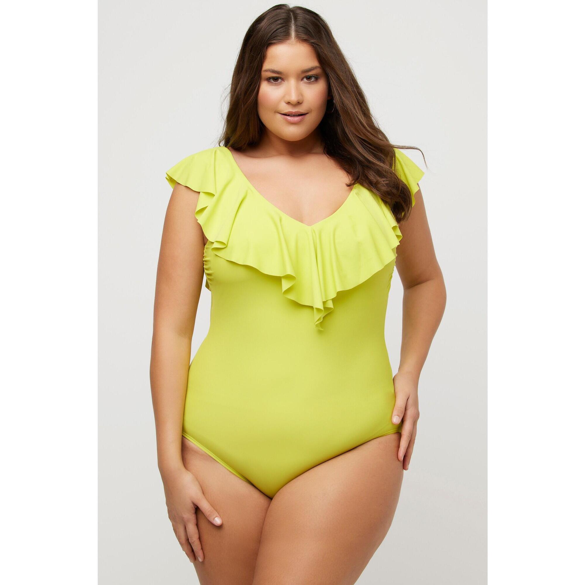 Ulla Popken - Femme Maillot De Bain Une Pièce À Volant Décolleté En V Bonnets Souples - Maillot De Bain 1 Pièce - Jaune - 48 Xl - Decathlon