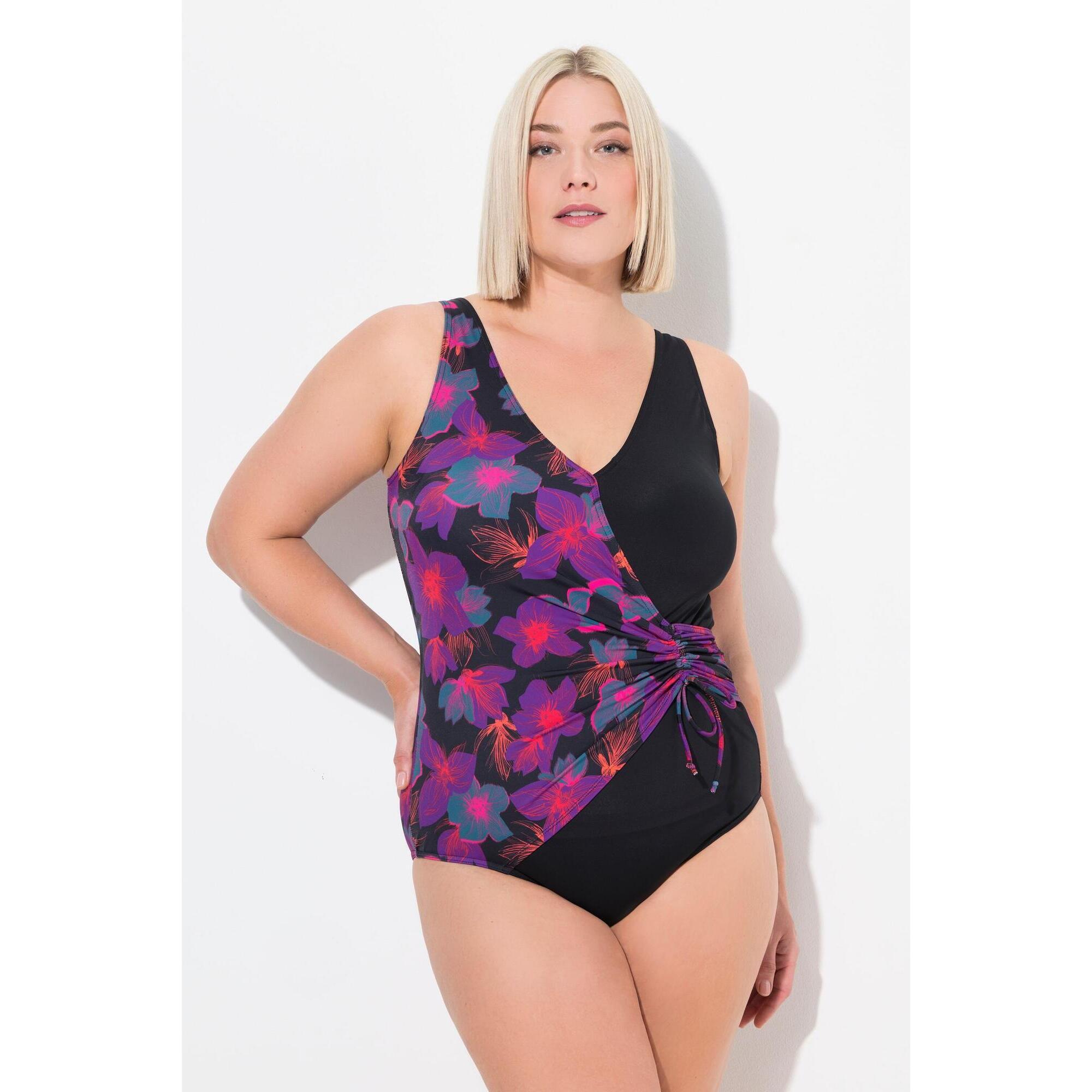 Ulla Popken - Femme Maillot De Bain À Fleurs Bonnets Souples Et Décolleté Esprit Cache-cœur - Maillot De Bain 1 Pièce - Noir - Decathlon