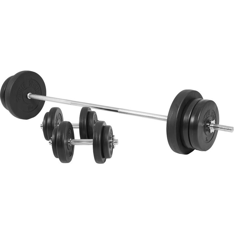 JUEGO DE MANCUERNAS 70 KG CON DISCOS DE PLÁSTICO + BARRA DE 170 CM DE LONGITUD