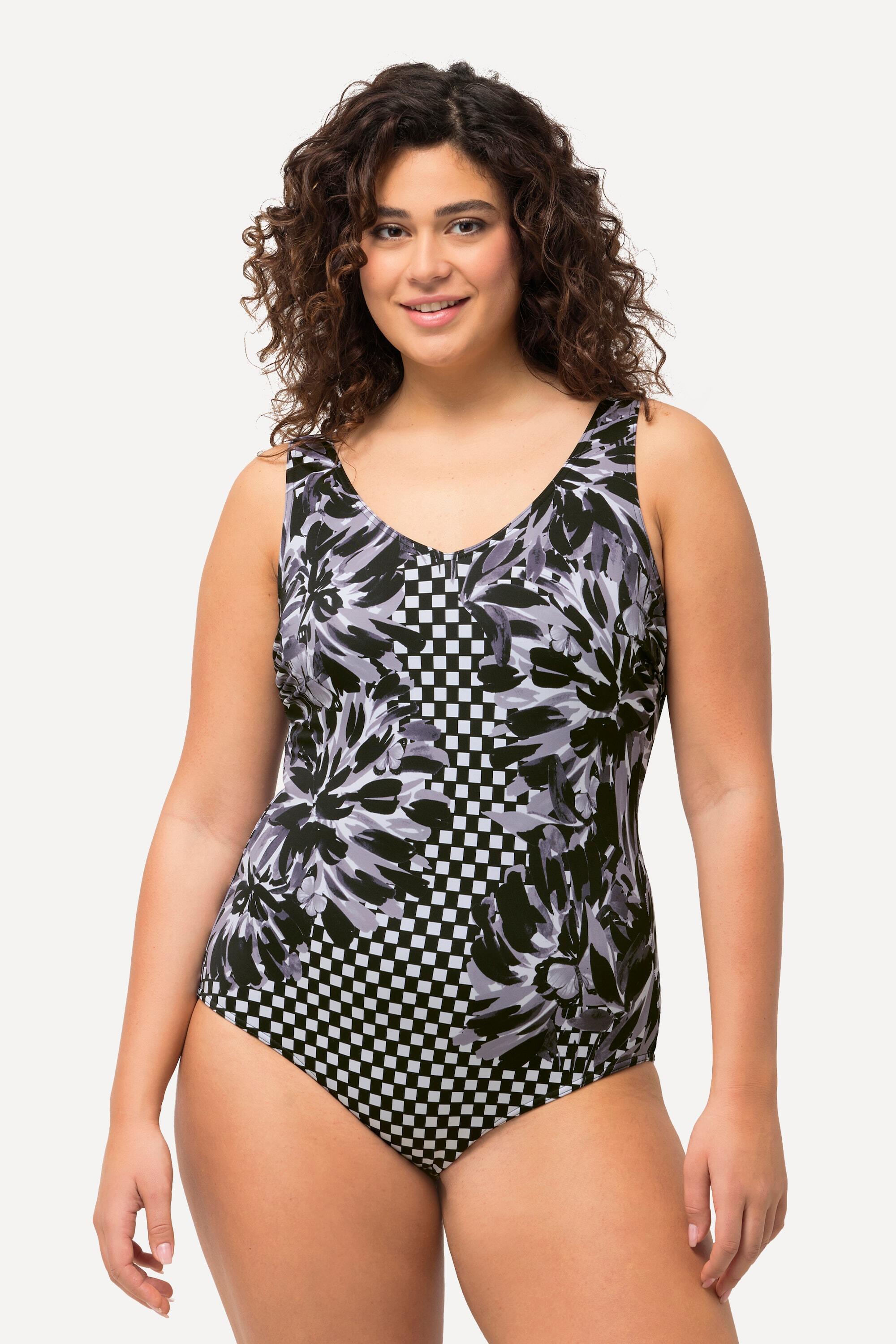 ULLA POPKEN Costume intero donna taglie comode stampa bianco/nero, schiena a stiletta