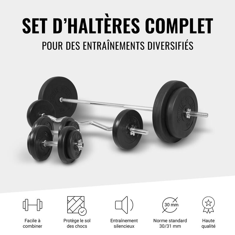 SET D'HALTÈRES COMPLET 97,5KG | DISQUES PLASTIQUE + BARRES | MUSCULATION