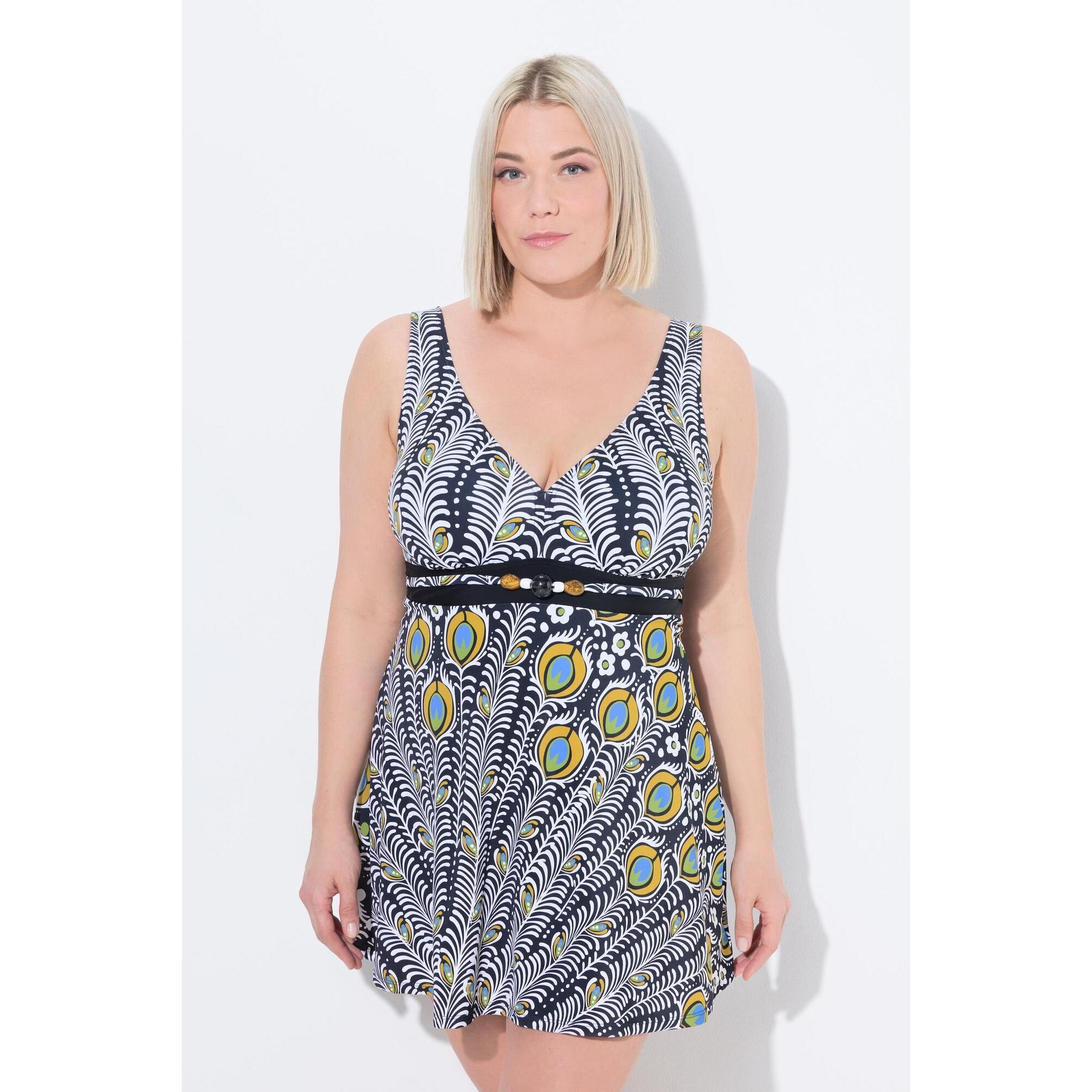 Ulla Popken - Femme Robe De Bain Motif Plumes De Paon. Bonnets Souples Et Doublure - Maillot De Bain 1 Pièce - Noir - 54 - Decathlon