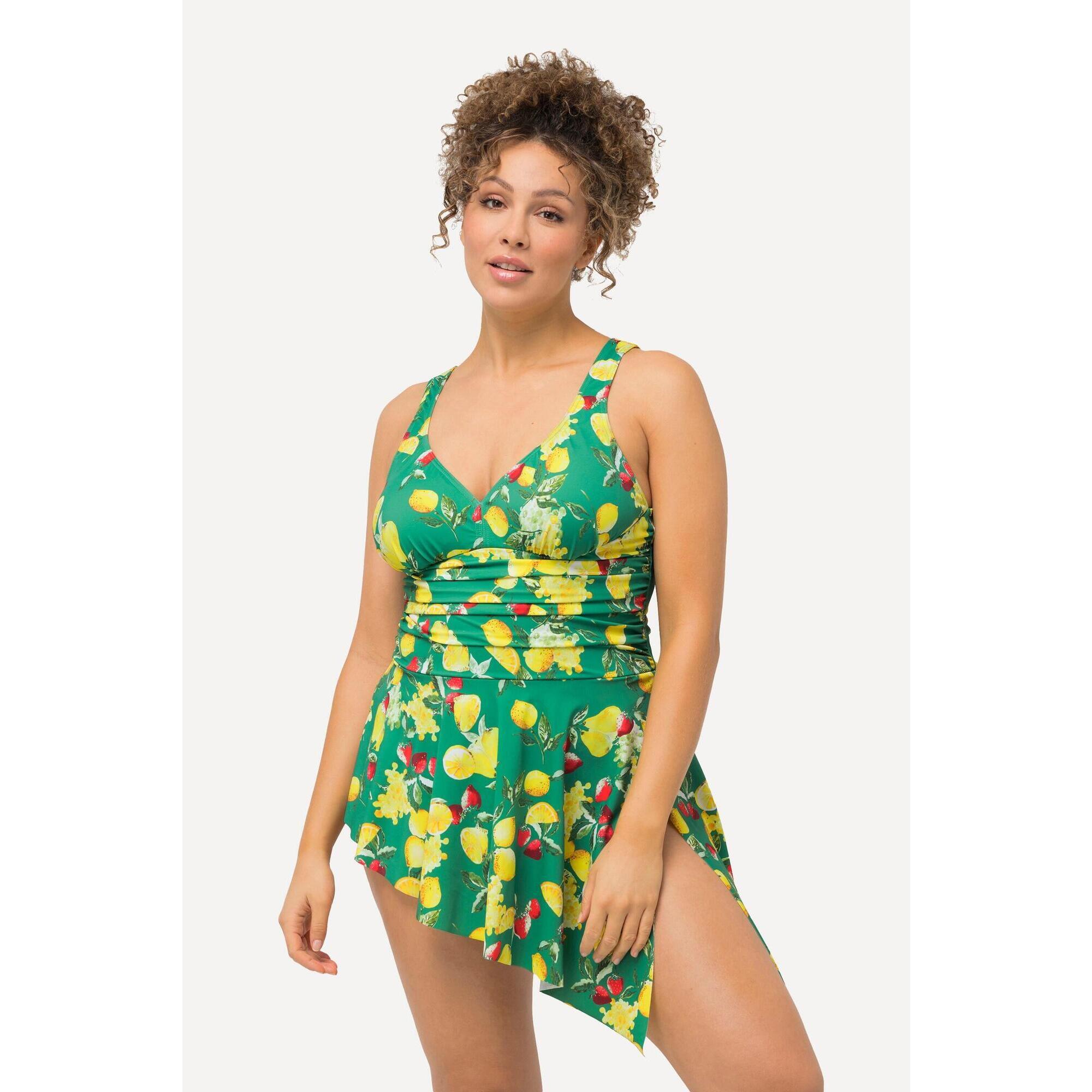 Ulla Popken - Femme Robe De Bain Citrons À Bonnets Souples Et Ourlet Asymétrique - Maillot De Bain 1 Pièce - Vert - 50 - Decathlon