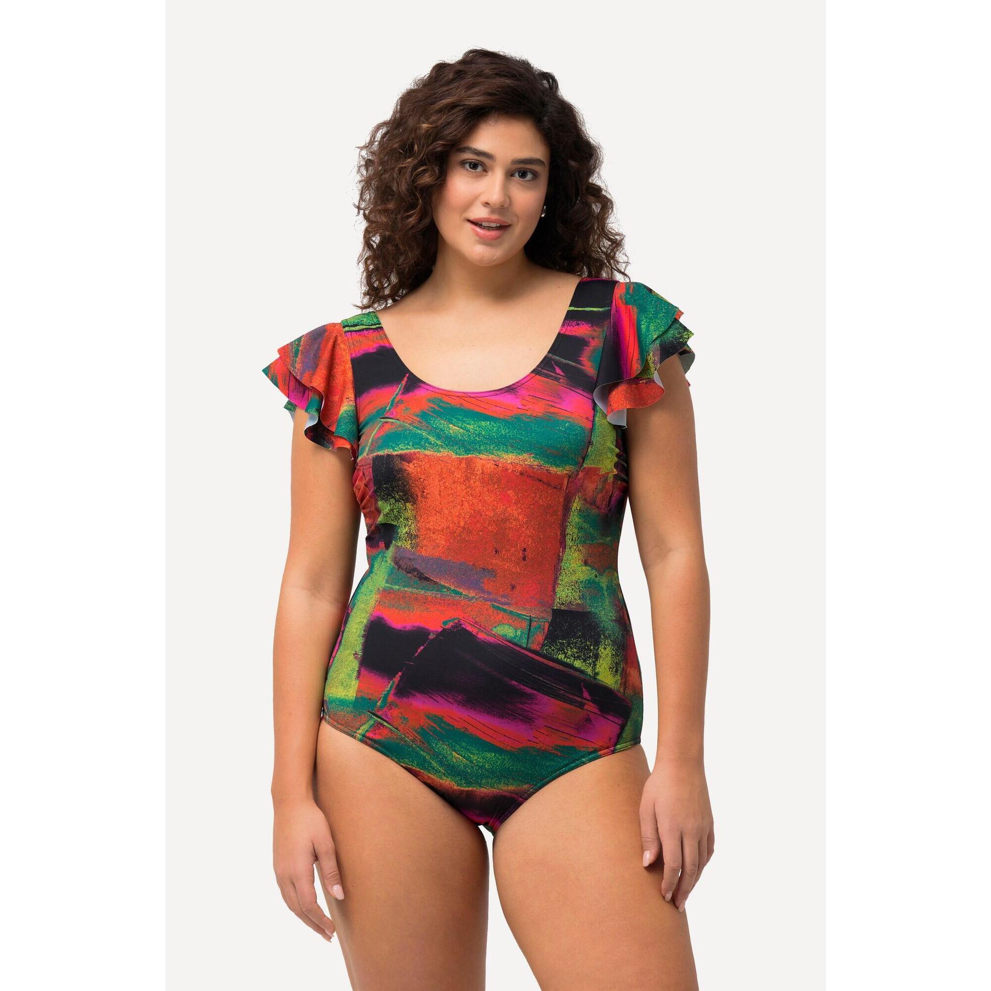 Ulla Popken - Femme Maillot De Bain À Volant Sur Les Manches Bonnets Souples Et Décolleté Rond - Maillot De Bain 1 Pièce - Vert - 56 - Decathlon