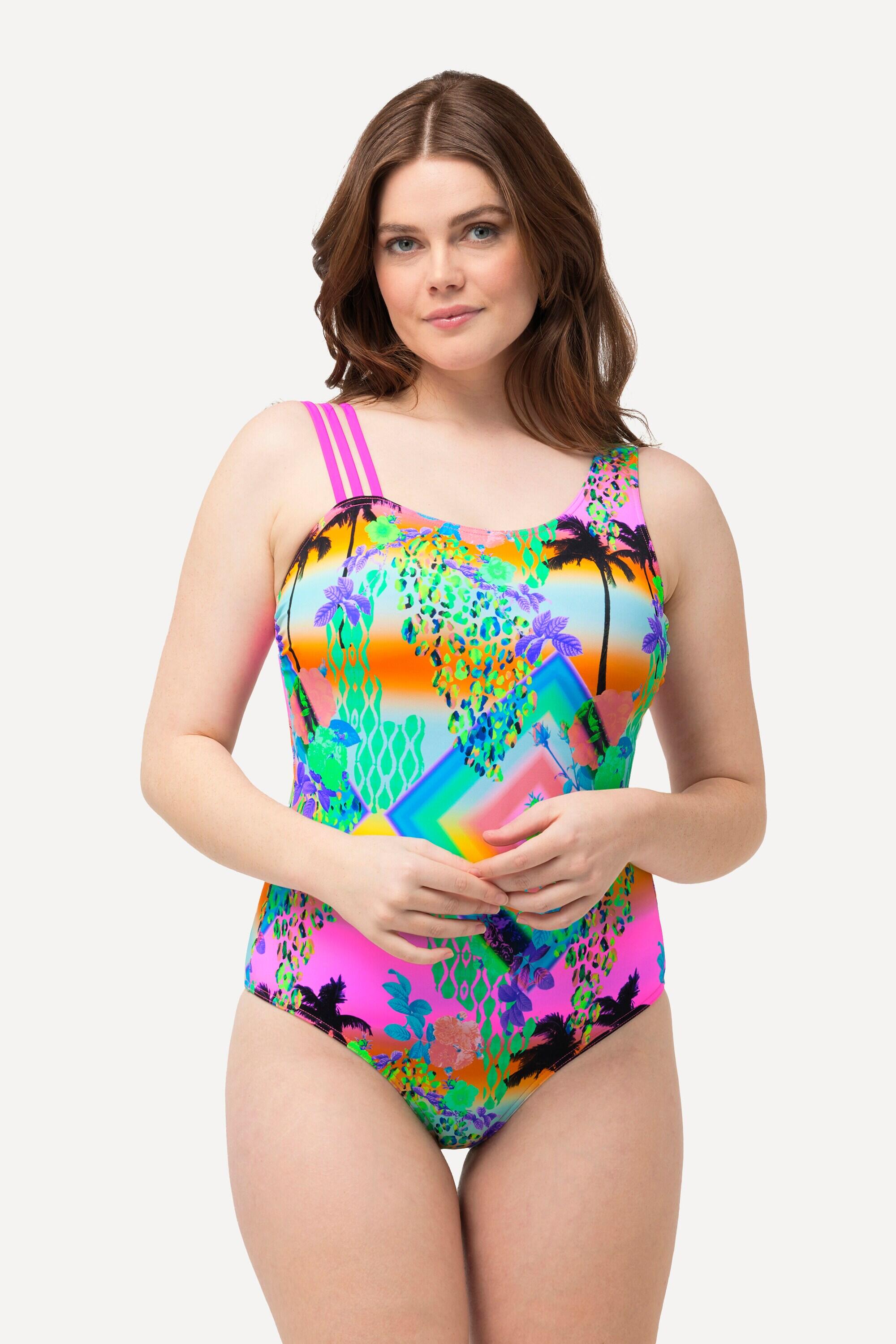 ULLA POPKEN Costume da bagno donna con coppe morbide stampa arancione/rosa Powermesh