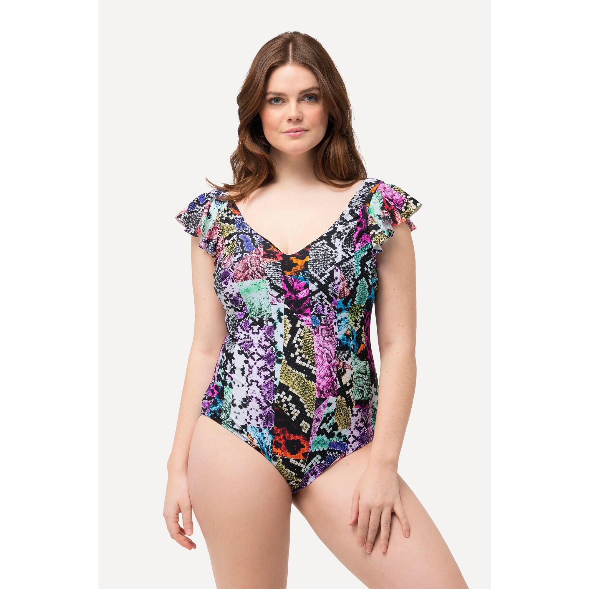 Ulla Popken - Femme Maillot De Bain À Mélange D'Imprimés Et Bonnets Souples. Manches Papillon - Maillot De Bain 1 Pièce - Noir - 50 - Decathlon