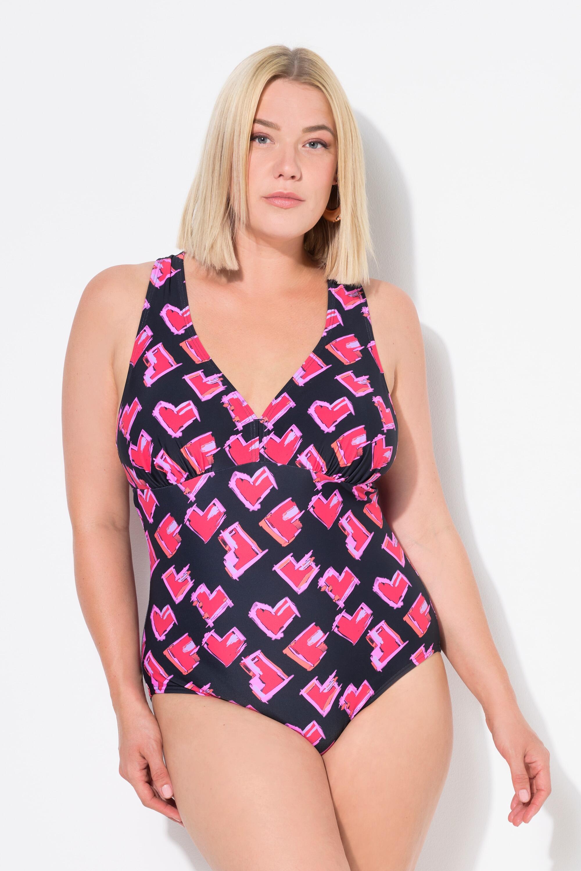 ULLA POPKEN Costume da bagno donna con cuori - spalline macramè, nero, poliammide riciclato