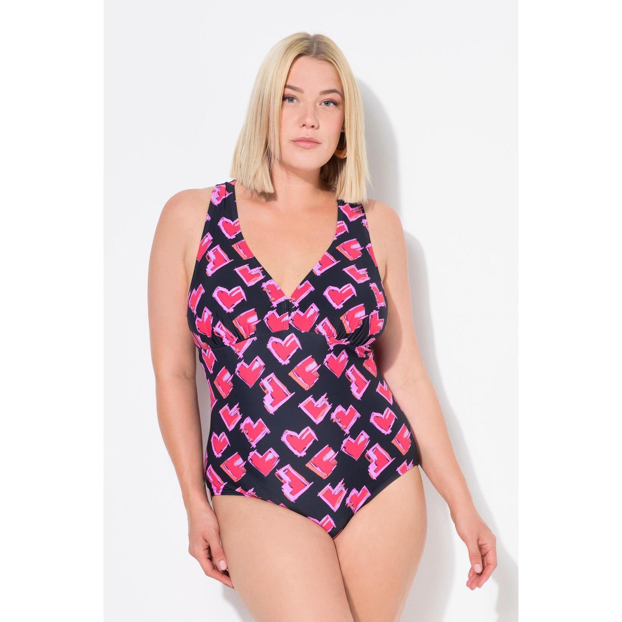 Ulla Popken - Femme Maillot De Bain Motif Cœurs Bretelles En Macramé Bonnets Souples - Maillot De Bain 1 Pièce - Noir - Decathlon