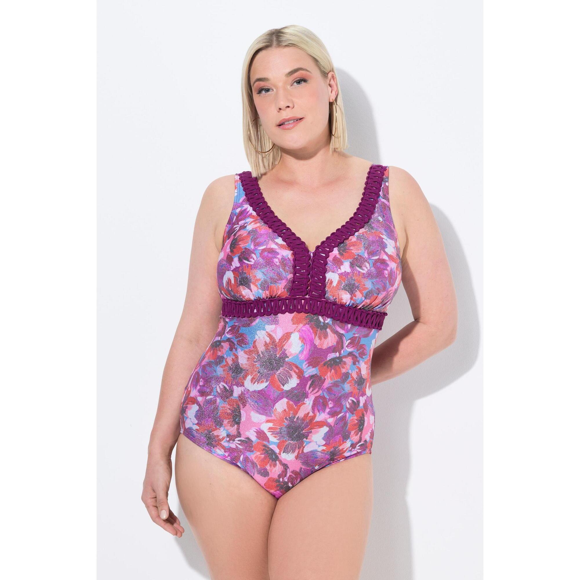 Ulla Popken - Femme Maillot De Bain À Bonnets Souples. Motif Floral Scintillant. - Maillot De Bain 1 Pièce - Rose - Decathlon