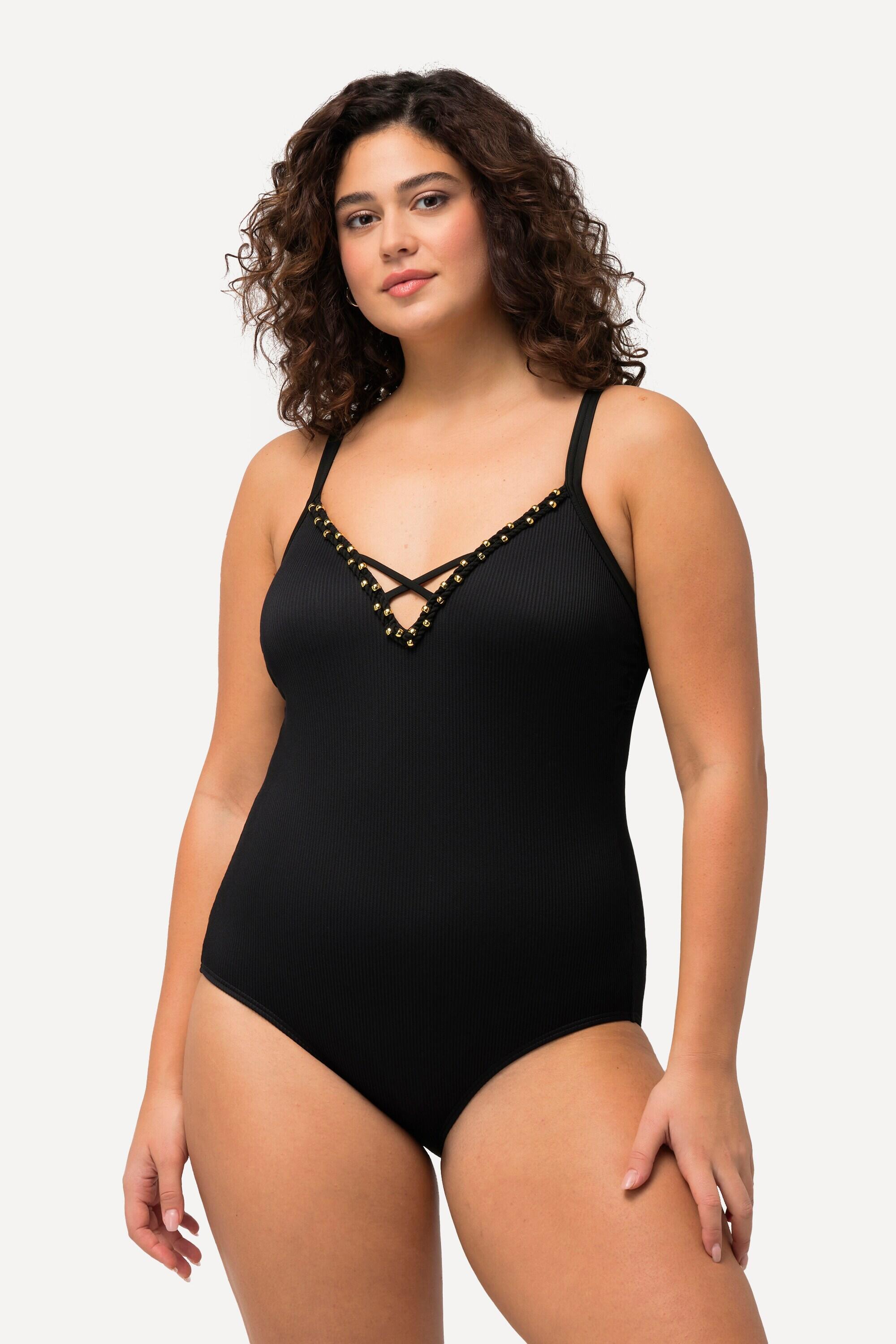 ULLA POPKEN Costume da bagno donna Tessuto strutturato, coppe morbide, perline dorate
