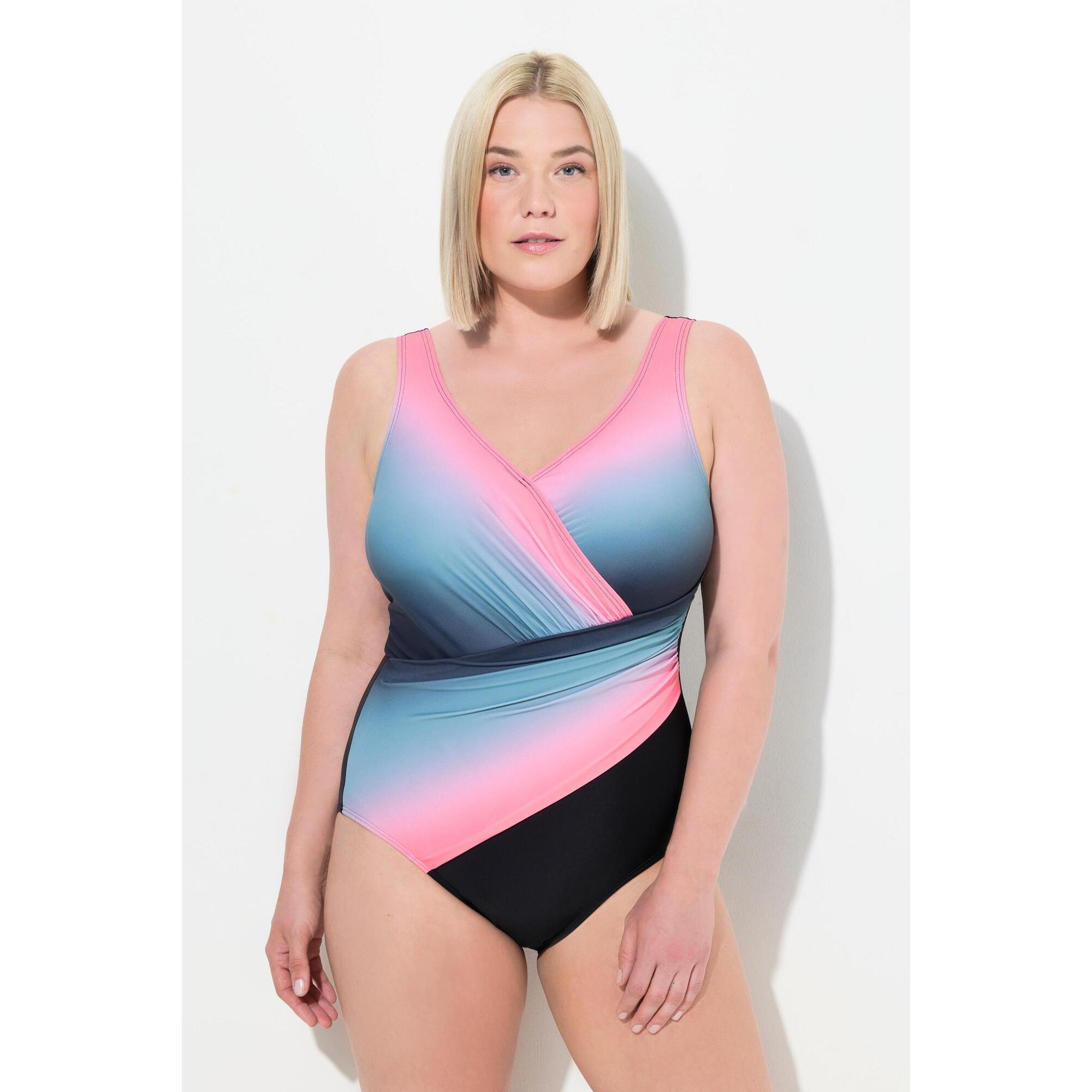 Ulla Popken - Femme Maillot De Bain Avec Dégradé De Couleurs. Drapés Et Bonnets - Maillot De Bain 1 Pièce - Noir - 42 M/l - Decathlon
