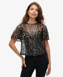 Haut à manches courtes transparentes à sequins