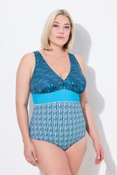 Femme Maillot de bain à bonnets souples. Décolleté V. Motif poissons.