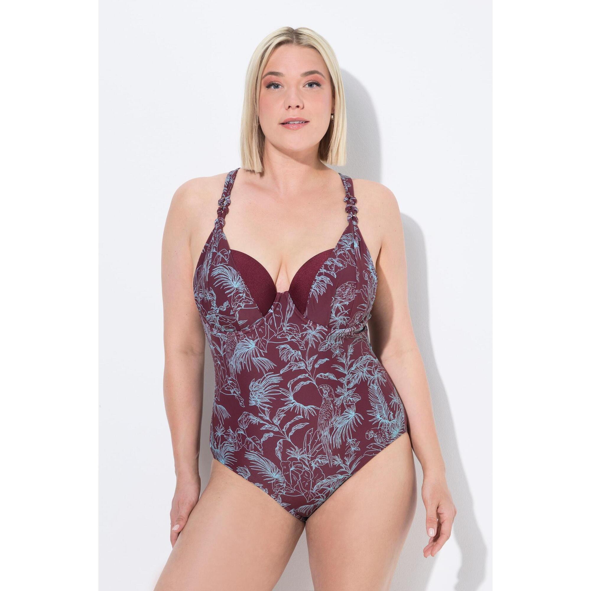 Ulla Popken - Femme Maillot De Bain À Bonnets Souples Et Armatures. Motif Jungle. - Maillot De Bain 1 Pièce - Rose|violet - Decathlon