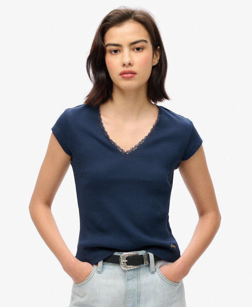 T-shirt en coton biologique à encolure en V et dentelle essentielle 1/1