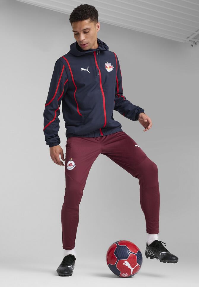 Męska kurtka przedmeczowa z tkaniny FC Red Bull Salzburg PUMA Club Navy Red Blue