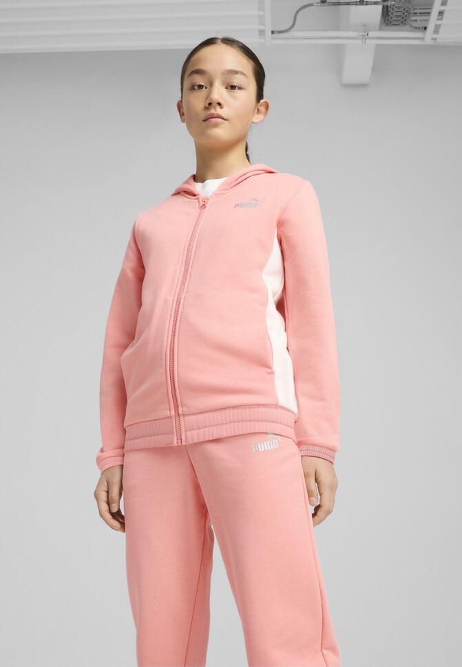 Młodzieżowy dres z kapturem i metalicznym wykończeniem PUMA Pink Fruit