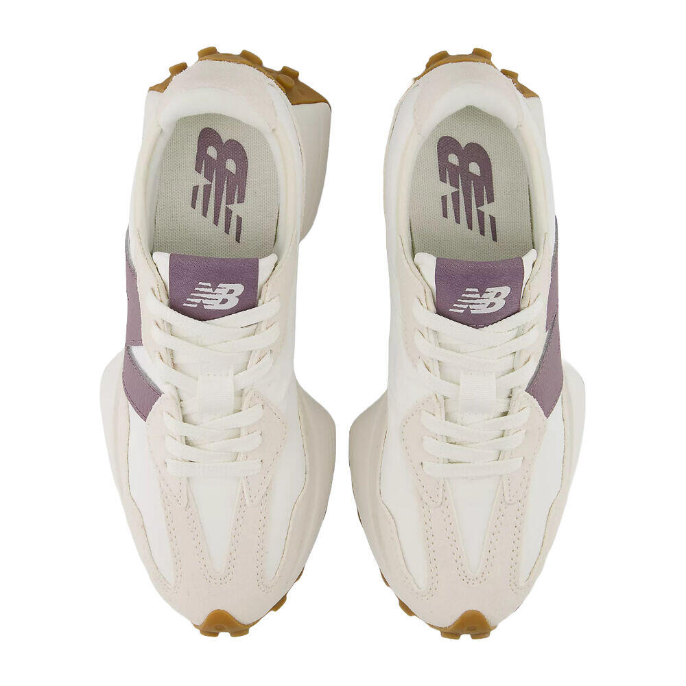 Zapatillas Blancas y Moradas New Balance 327 Linen con Sea Salt y Dark Ice Wine 4/5