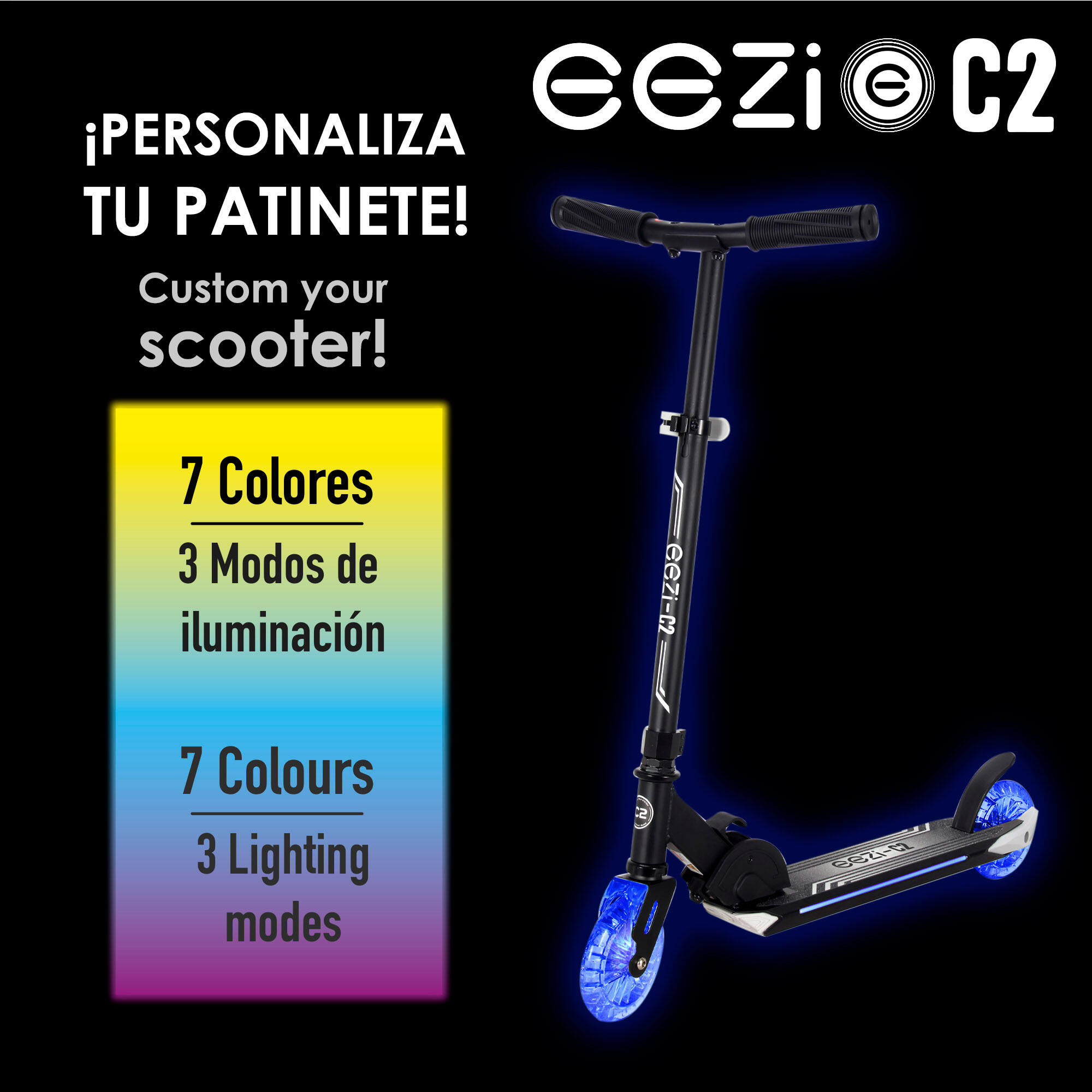 Monopattino pieghevole EEZI nero a 2 ruote con luci personalizzabili 2/7