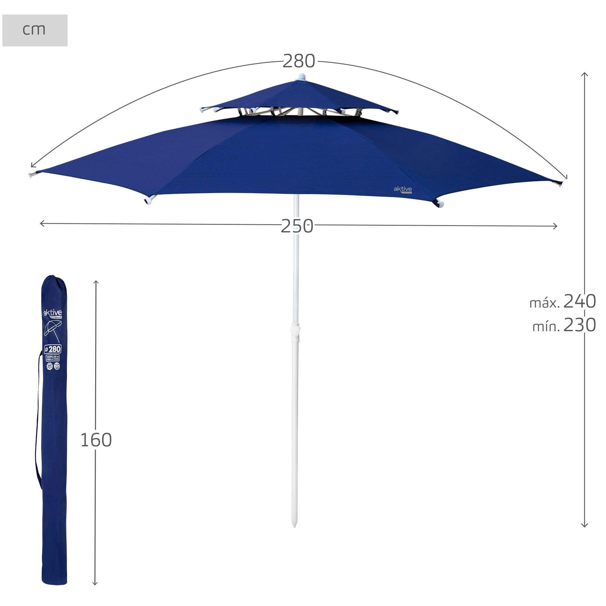 Aktive Grand parasol de plage coupe-vent 8 mâts 280 cm bleu 4/7