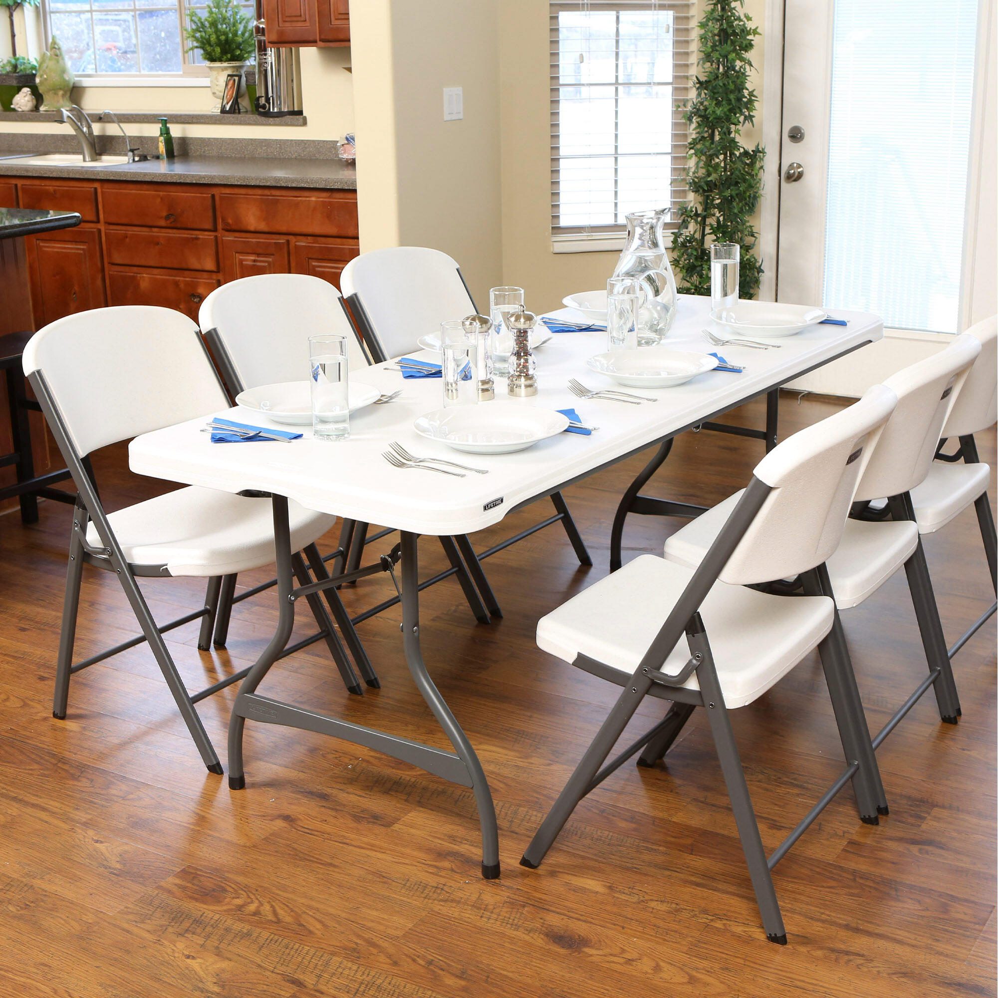 Mesa retangular com pés dobráveis efeito granito branco 182 x 76 x 74 cm 7/7