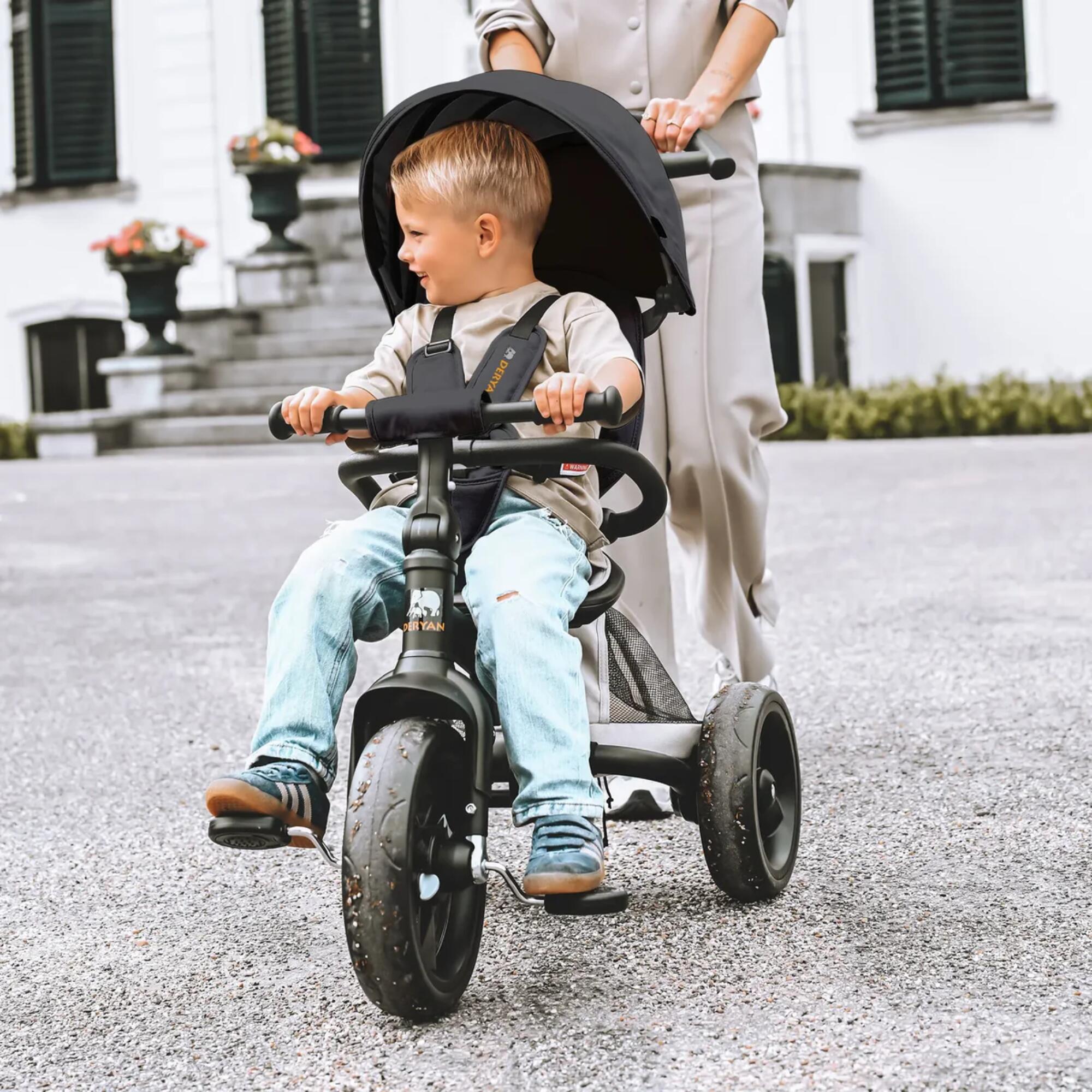 DERYAN Tricycle 3-en-1 évolutif Avec Guidon Poussette – De 9 Mois à 5 Ans – Harnais 5 Points, Siège Réglable, Pliable – Noir