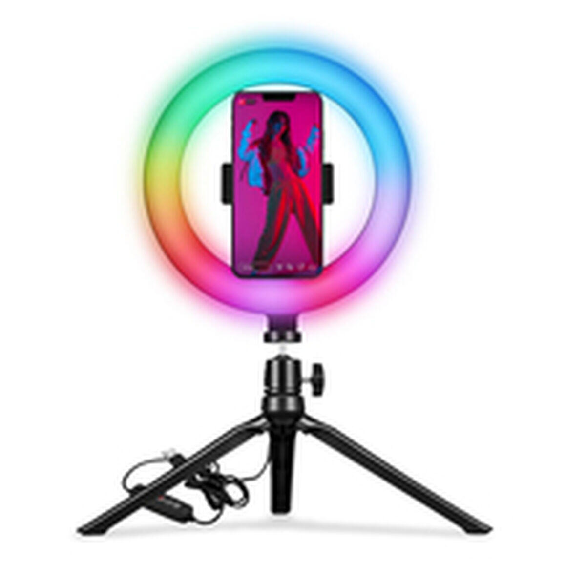 Aro de luz selfie com tripé e controlo remoto celly clickringrgbbk preto