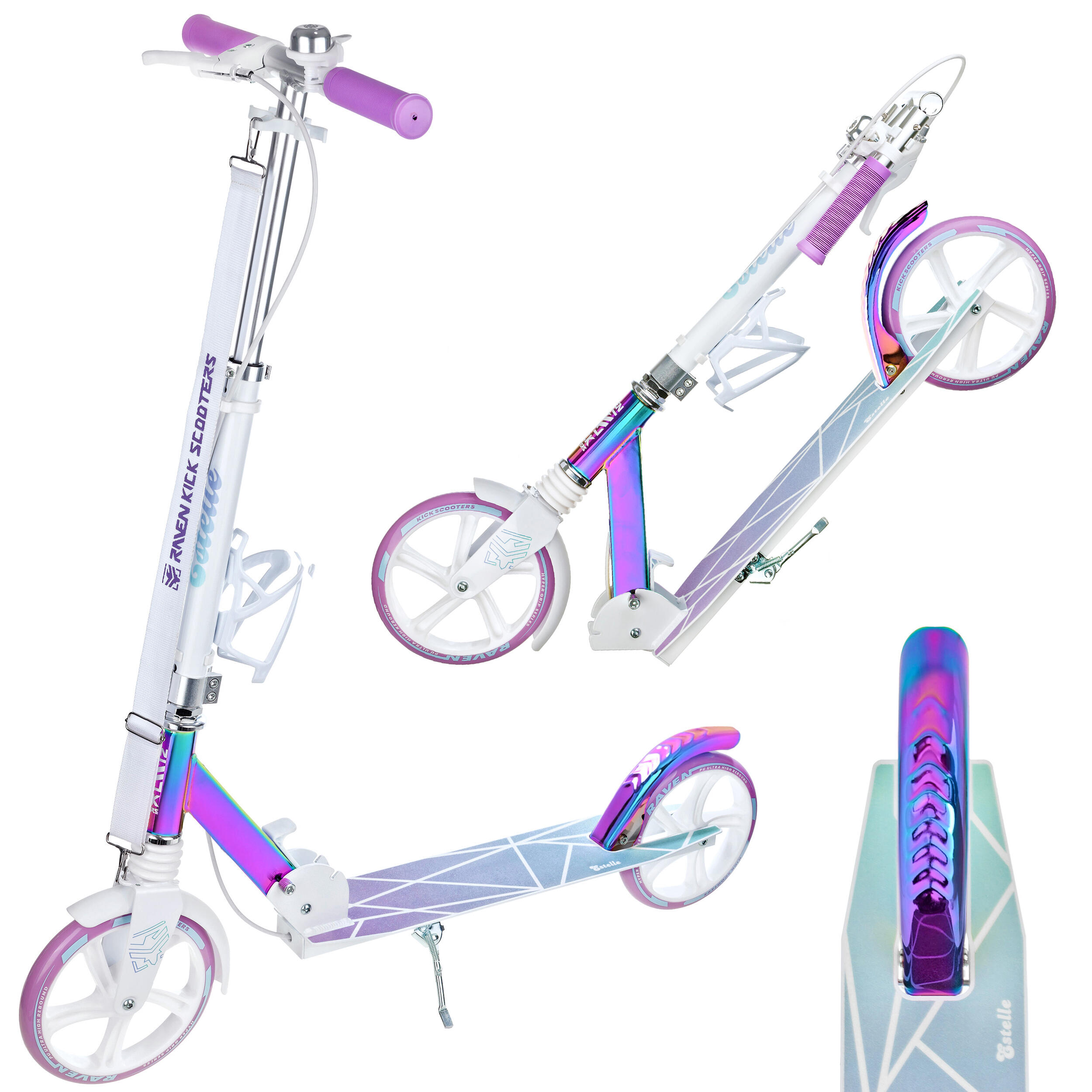Raven - Trottinette Pliante Estelle Pro Neo Chrome 200mm Avec Amortisseur Et Sonnette - Trottinette - Blanc|multicolore - Taille Unique - Decathlon