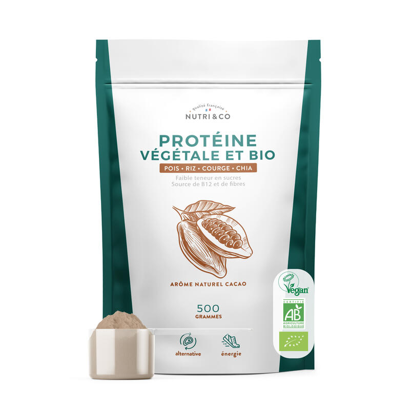 Protéine Vegan Bio - Masse Musculaire - Alternative à la Whey - Goût Cacao -500g