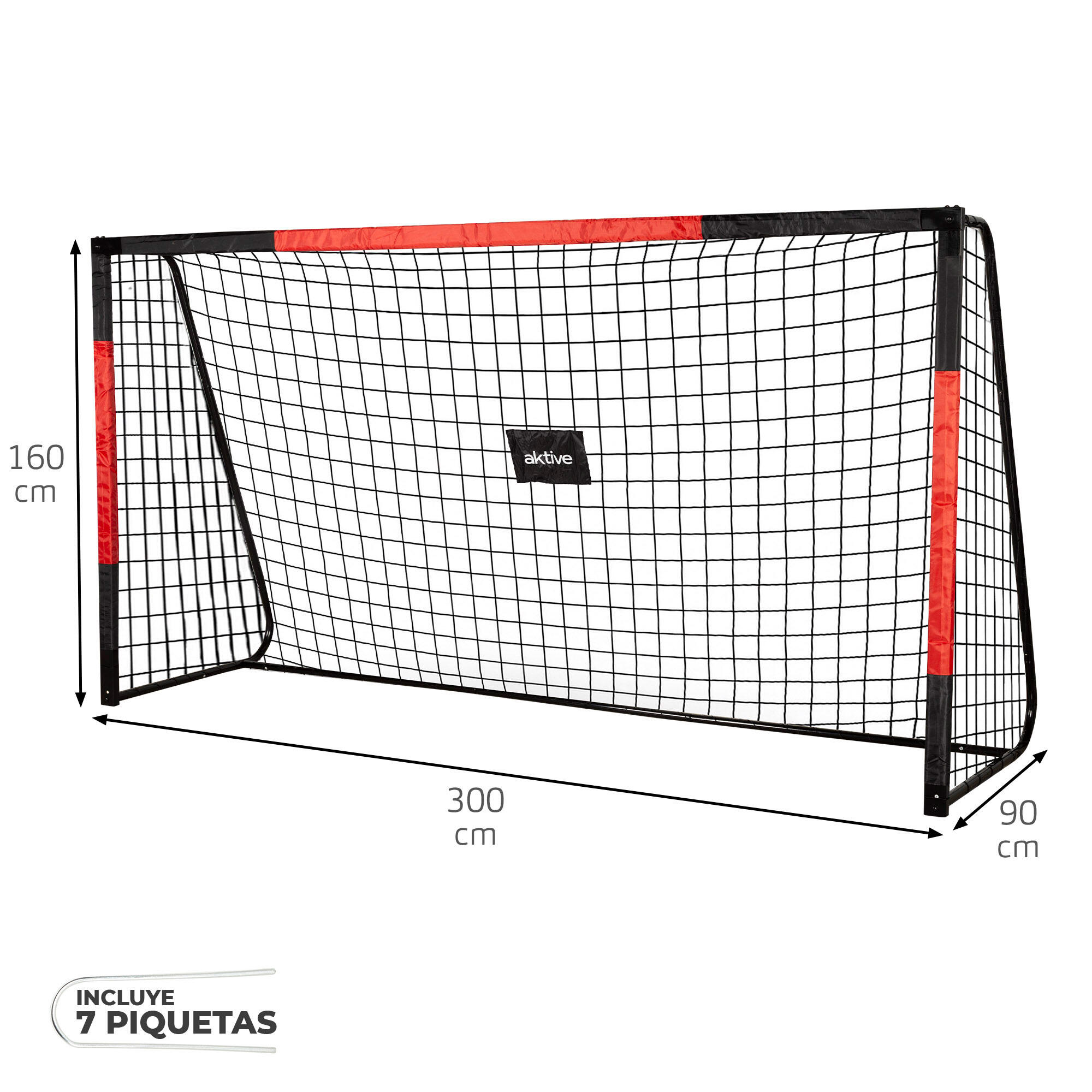 Aktive Porta da calcio in acciaio 300x90x160 cm, rete resistente e 7 picchetti 4/7