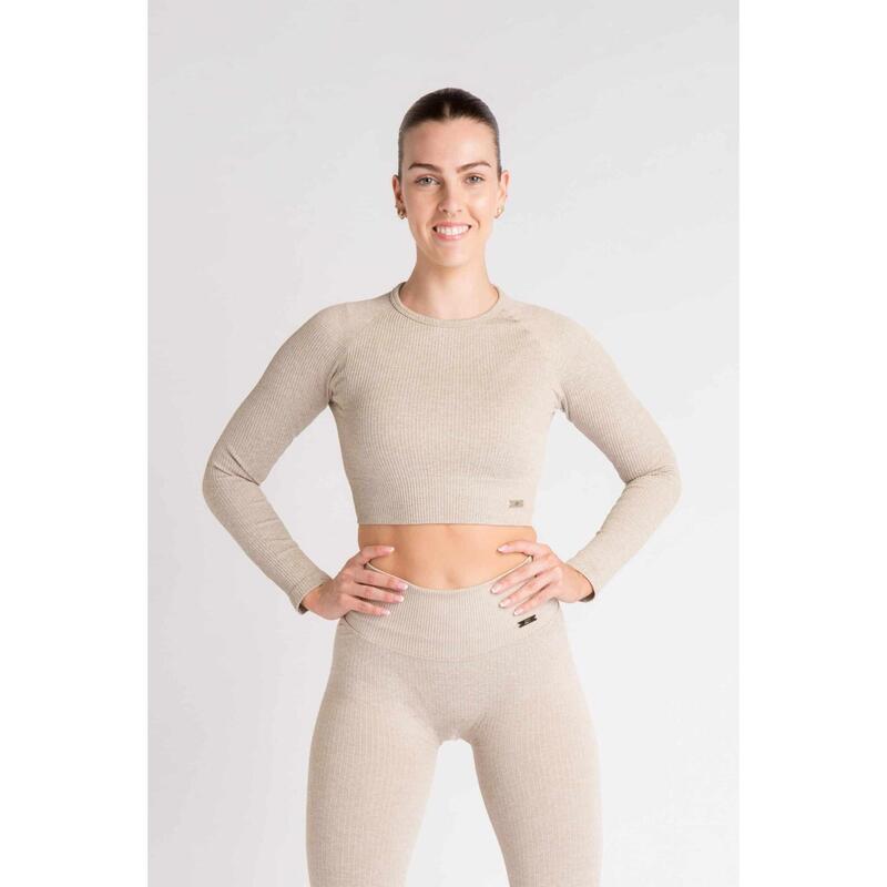 Ribbed Seamless Crop Top à Manches Longues Fitness - Femme - Beige